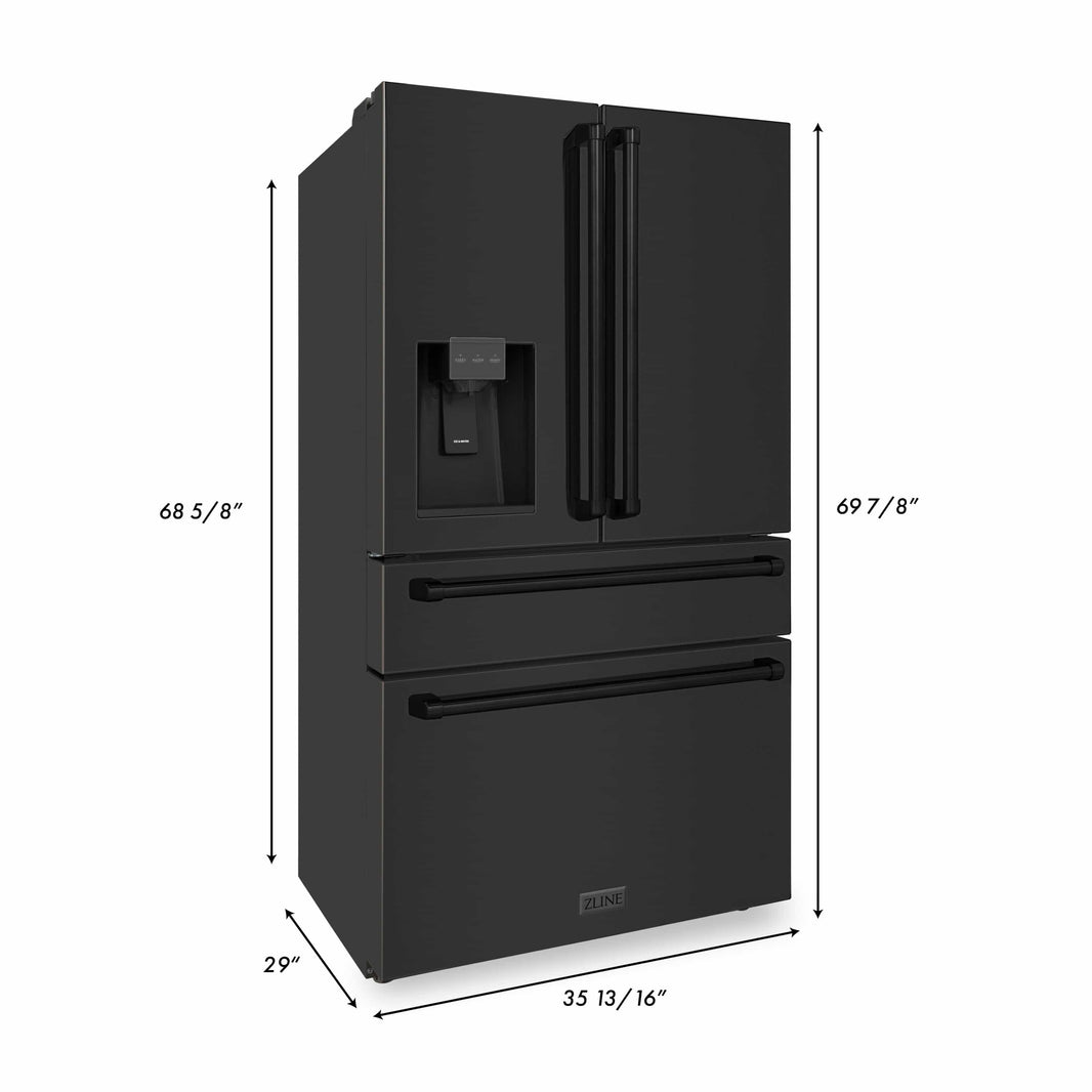 ZLINE 4-Piece Appliance Package - 30" Dual Fuel Range with Brass Burners, 36" Refrigerator with Water Dispenser, Convertible Wall Mount Hood, and 3-Rack Dishwasher in Black Stainless Steel (4KPRW-RABRH30-DWV)