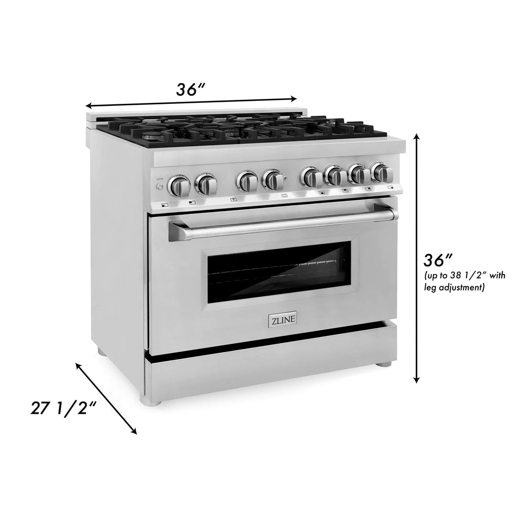 ZLINE 3-Piece Appliance Package - 36-inch Dual Fuel Range, Premium Hood & Microwave Drawer in Stainless Steel (3KP-RARH36-MW)