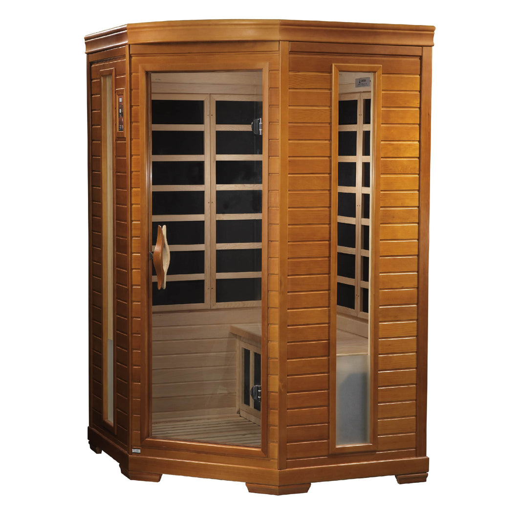 Golden Designs | Heming 2-person Corner Ultra Low EMF FAR Infrared Sauna (Canadian Hemlock) | DYN-6225-02 Elite