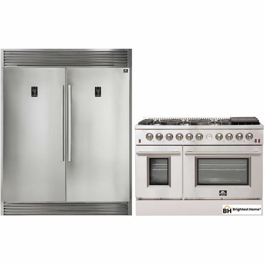 Forno 2-Piece Appliance Package - 48-Inch Gas Range with Air Fryer & 56-Inch Pro-Style Refrigerator in Stainless Steel