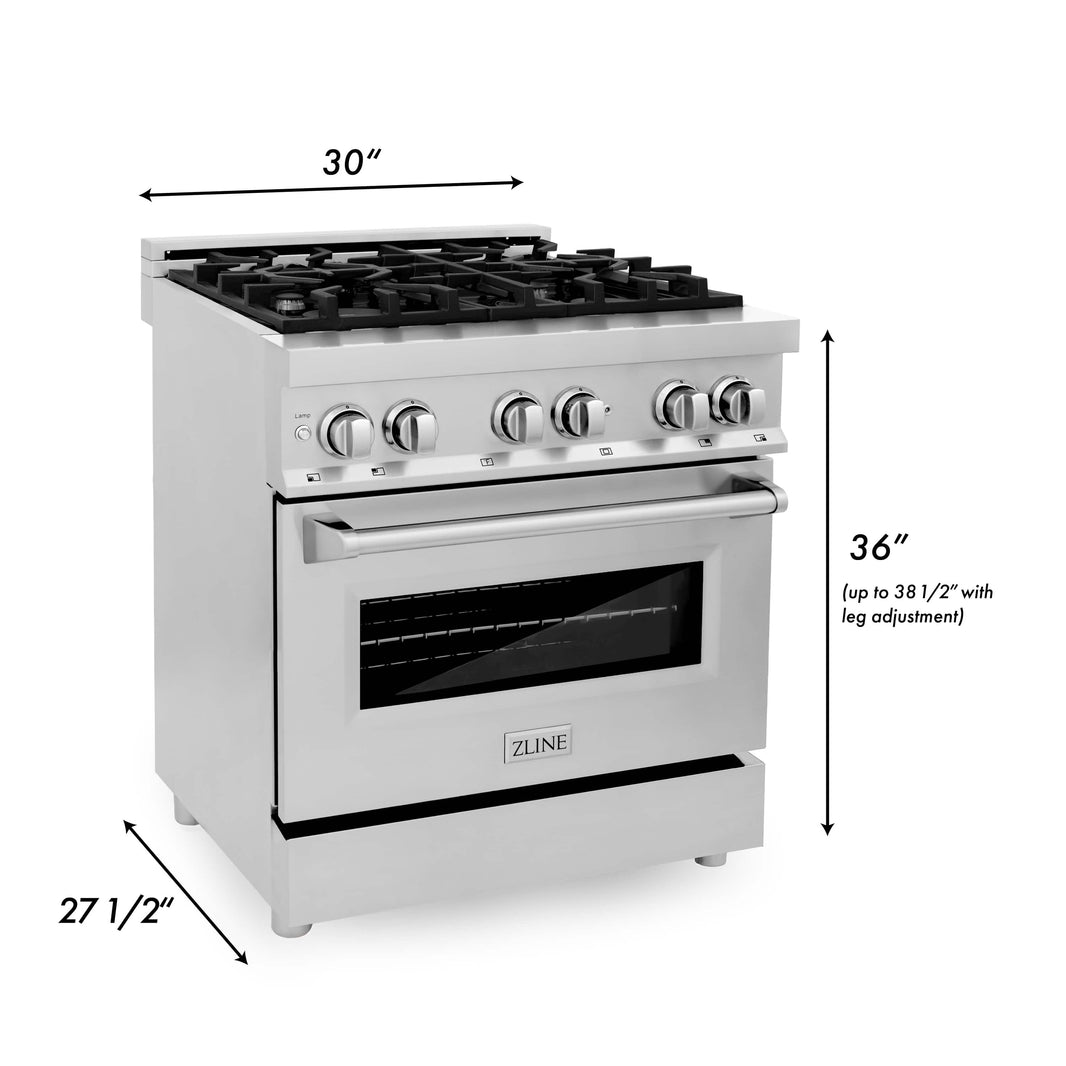 ZLINE 5-Piece Appliance Package - 30" Dual Fuel Range, 36" Refrigerator, Convertible Wall Mount Hood, Microwave Drawer, and 3-Rack Dishwasher in Stainless Steel (5KPR-RARH30-MWDWV)