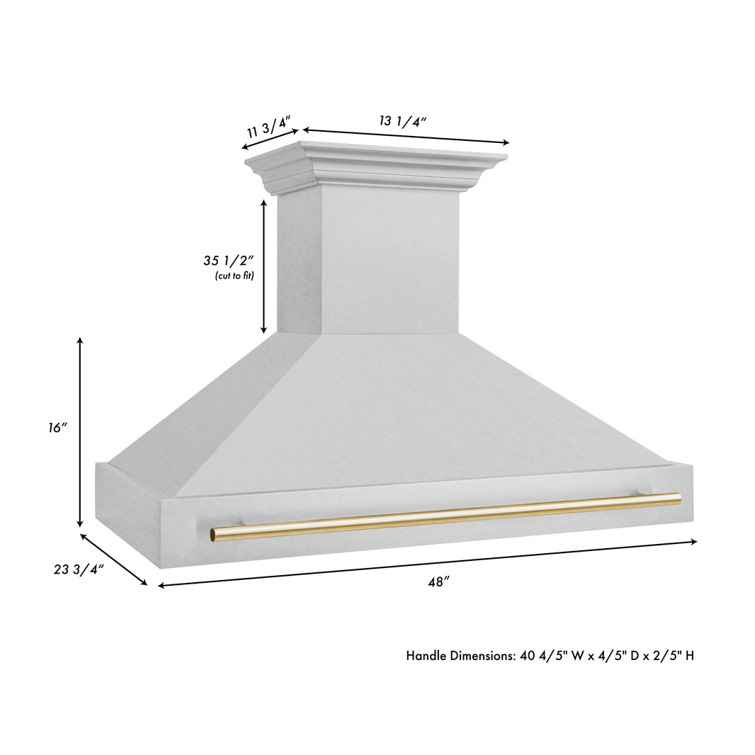 ZLINE 48-Inch Autograph Edition Wall Mount Range Hood in DuraSnow Stainless Steel with Gold Handle (8654SNZ-48-G)