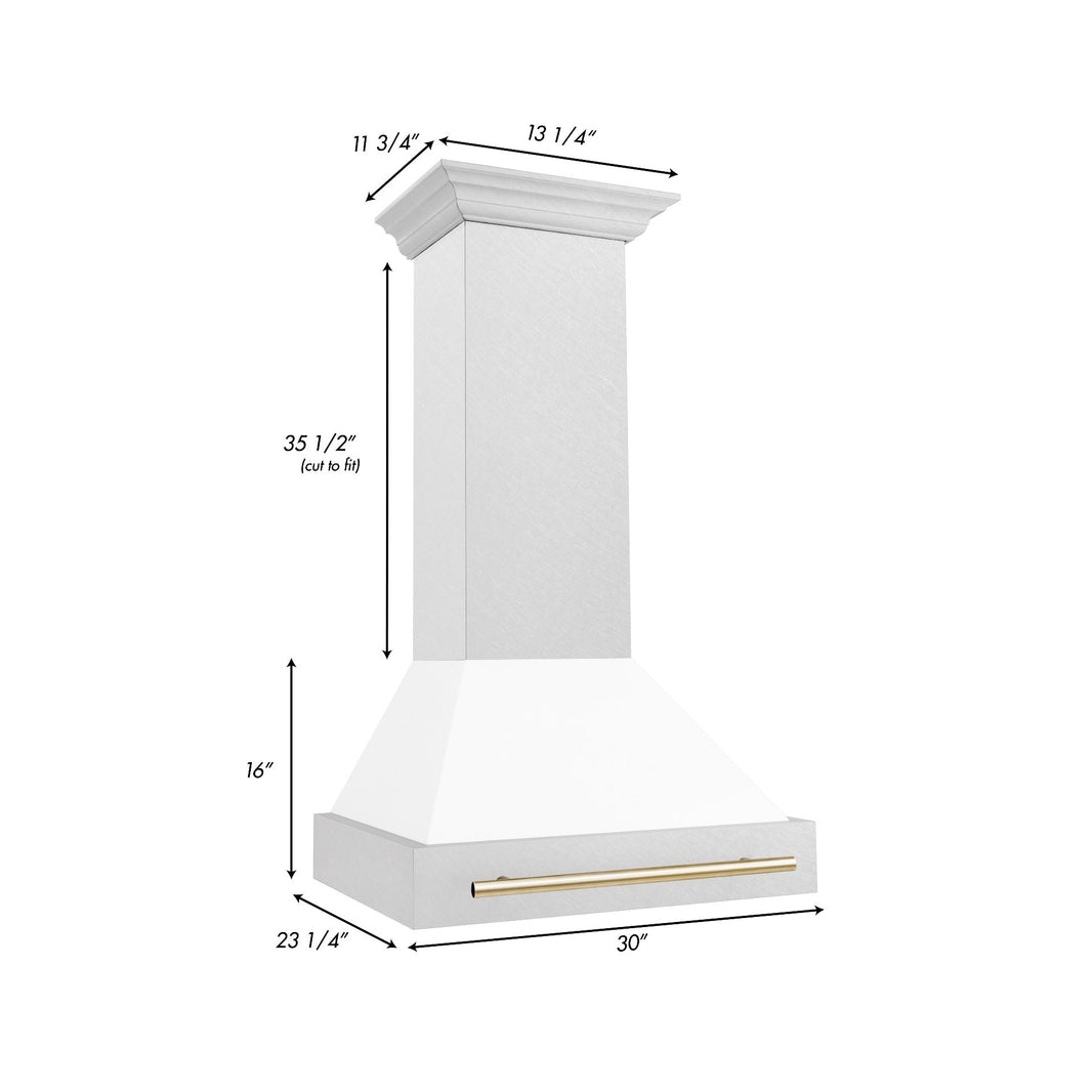 ZLINE 30-Inch Autograph Edition Wall Mount Range Hood in DuraSnow Stainless Steel with White Matte Shell and Gold Handle (8654SNZ-WM30-G)