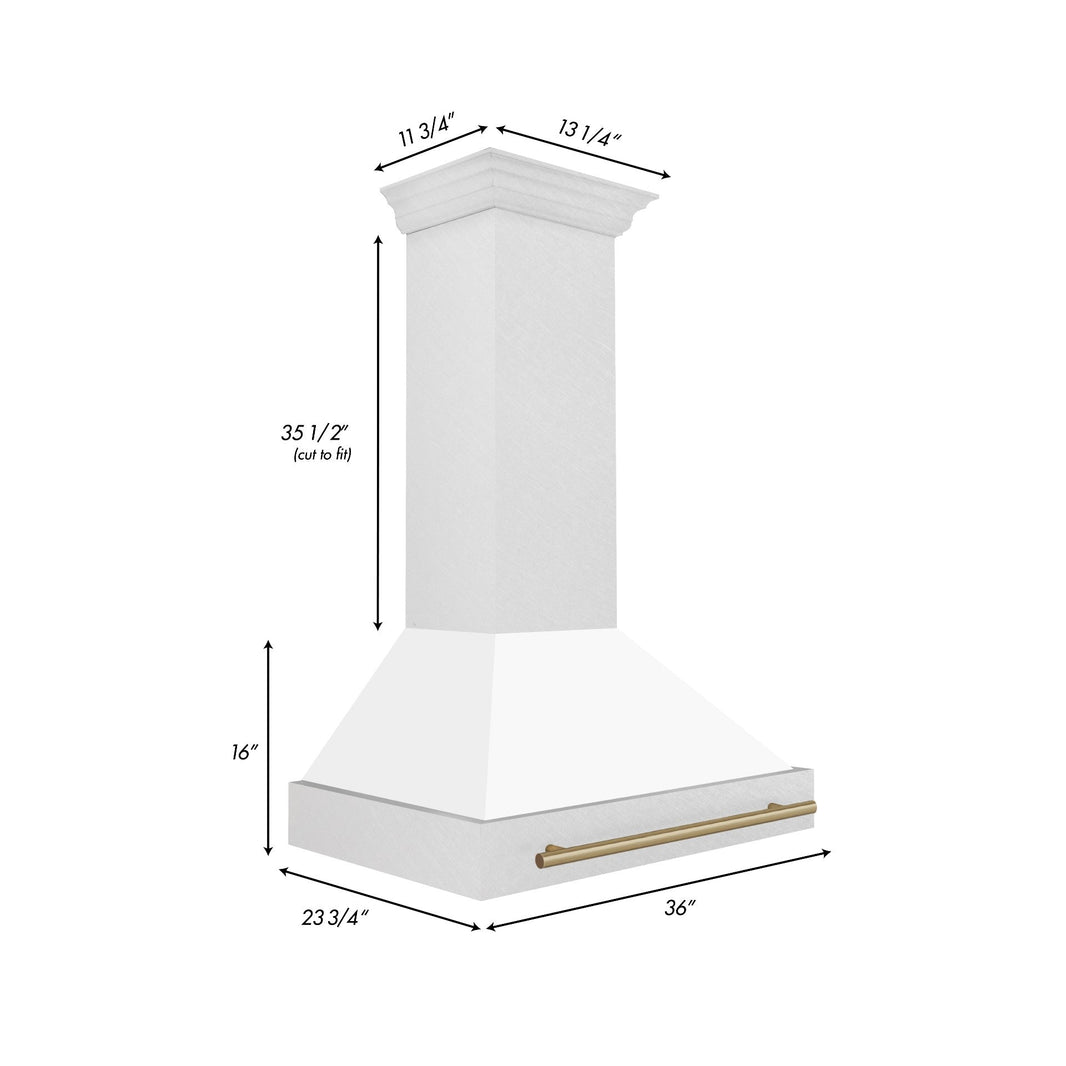 ZLINE 36-Inch Autograph Edition Wall Mount Range Hood in DuraSnow Stainless Steel with White Matte Shell and Champagne Bronze Handle (8654SNZ-WM36-CB)