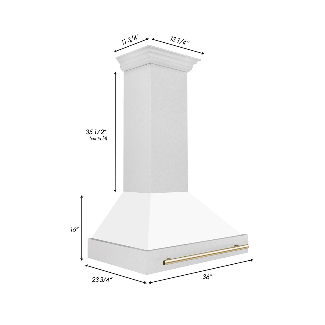 ZLINE 36-Inch Autograph Edition Wall Mount Range Hood in DuraSnow Stainless Steel with White Matte Shell and Gold Handle (8654SNZ-WM36-G)