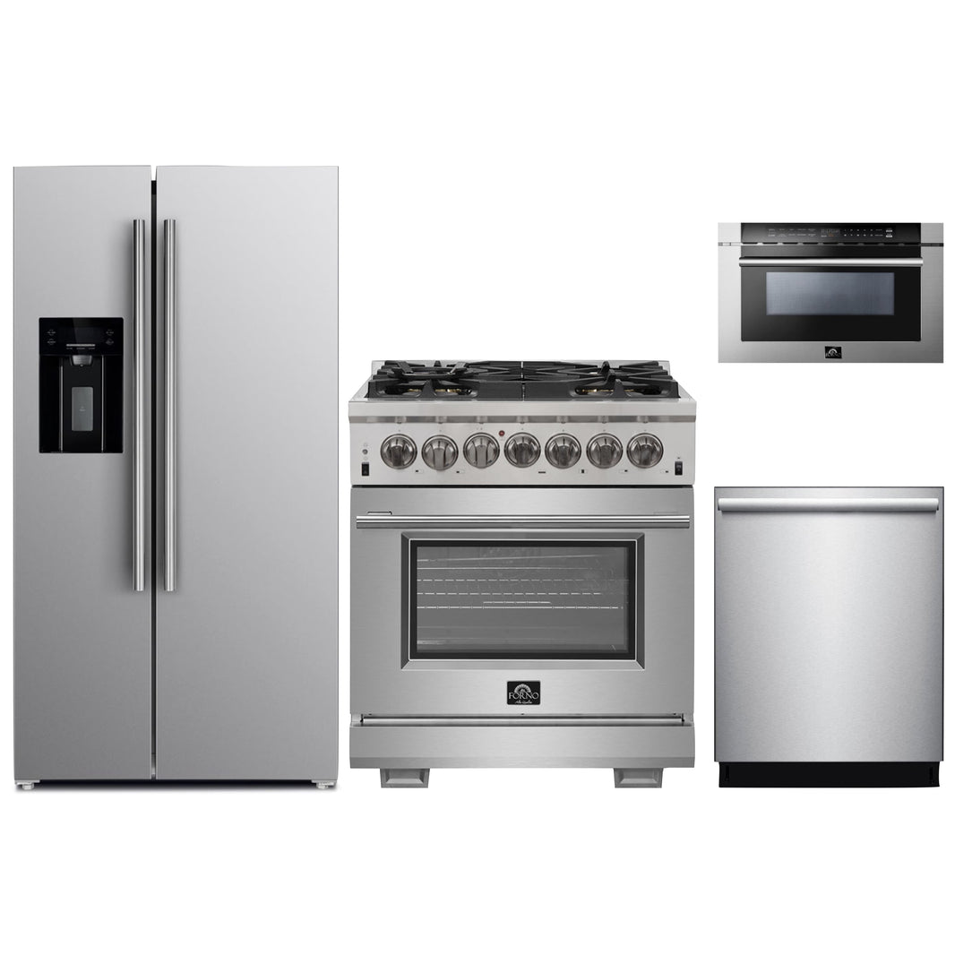 Forno 4-Piece Pro Appliance Package - 30-Inch Dual Fuel Range, Refrigerator with Water Dispenser, Microwave Drawer, & 3-Rack Dishwasher in Stainless Steel