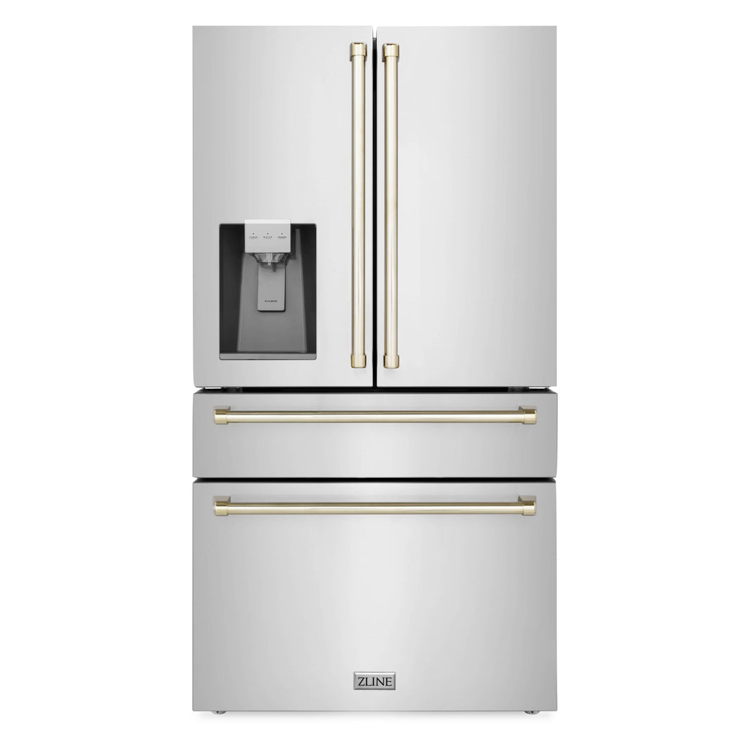 ZLINE Autograph Edition 36" 22.5 cu. ft Freestanding French Door Refrigerator with Water and Ice Dispenser in Stainless Steel with Gold Trim (RFMZ-W-36-G)