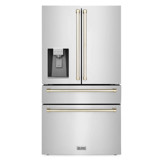 ZLINE Autograph Edition 36" 22.5 cu. ft Freestanding French Door Refrigerator with Water and Ice Dispenser in Stainless Steel with Gold Trim (RFMZ-W-36-G)