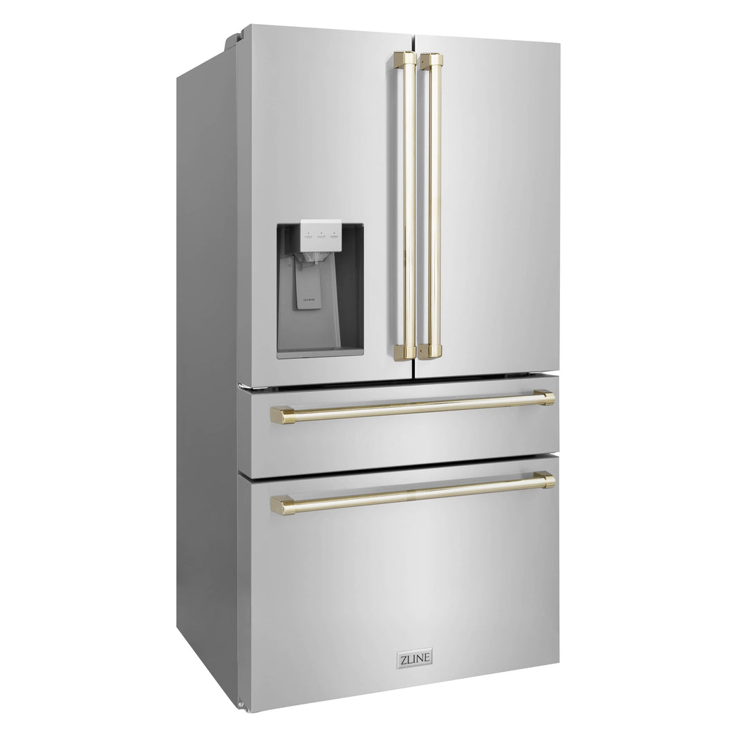 ZLINE Autograph Edition 36" 22.5 cu. ft Freestanding French Door Refrigerator with Water and Ice Dispenser in Stainless Steel with Gold Trim (RFMZ-W-36-G)