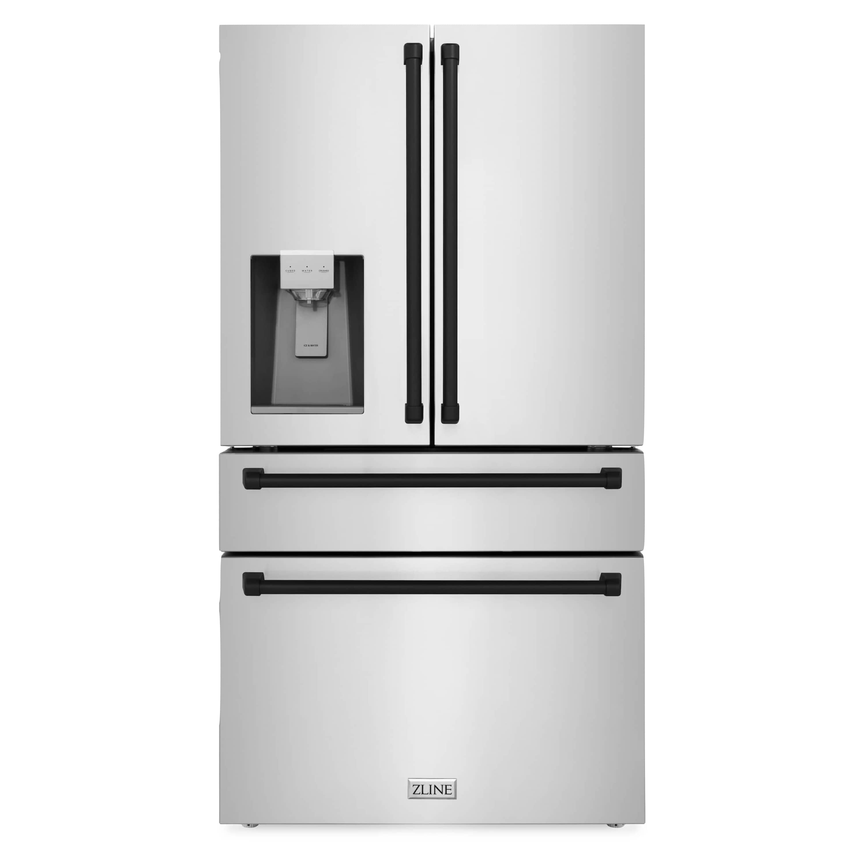 ZLINE Autograph Edition 36" 22.5 cu. ft Freestanding French Door Refrigerator with Water and Ice Dispenser in Stainless Steel with Matte Black Trim (RFMZ-W-36-MB)