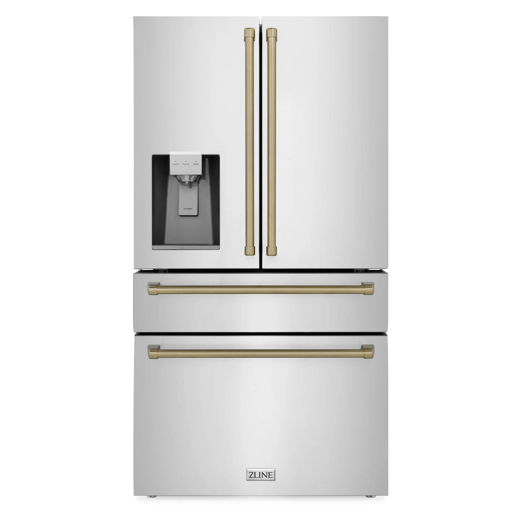 ZLINE Autograph Edition 4-Piece Appliance Package - 30" Dual Fuel Range, 36" Refrigerator with Water Dispenser, Wall Mounted Range Hood, & 24" Tall Tub Dishwasher in Stainless Steel with Champagne Bronze Trim (4AKPR-RARHDWM30-CB)