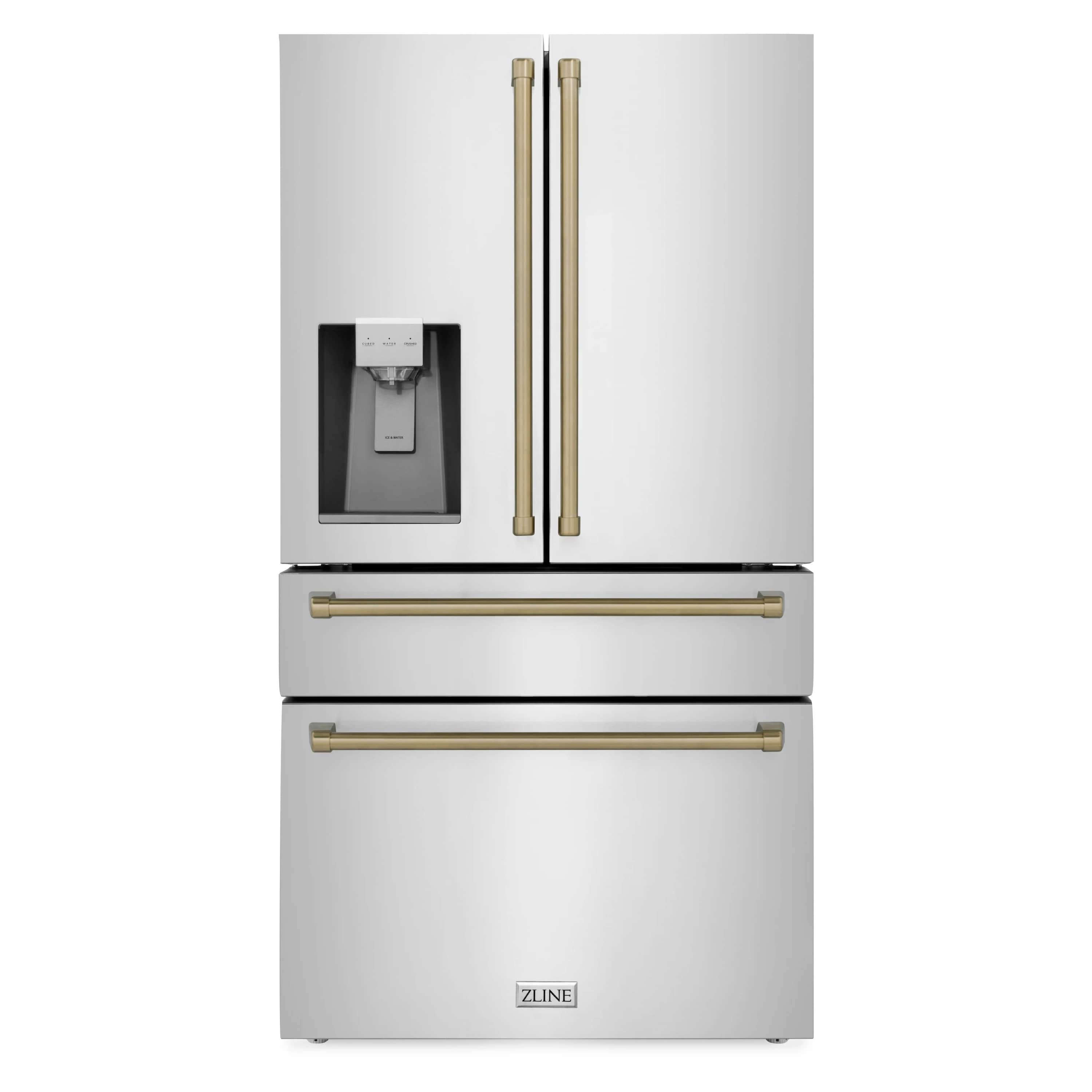 ZLINE Autograph Edition 36" 22.5 cu. ft Freestanding French Door Refrigerator with Water and Ice Dispenser in Stainless Steel with Champagne Bronze Trim (RFMZ-W-36-CB)