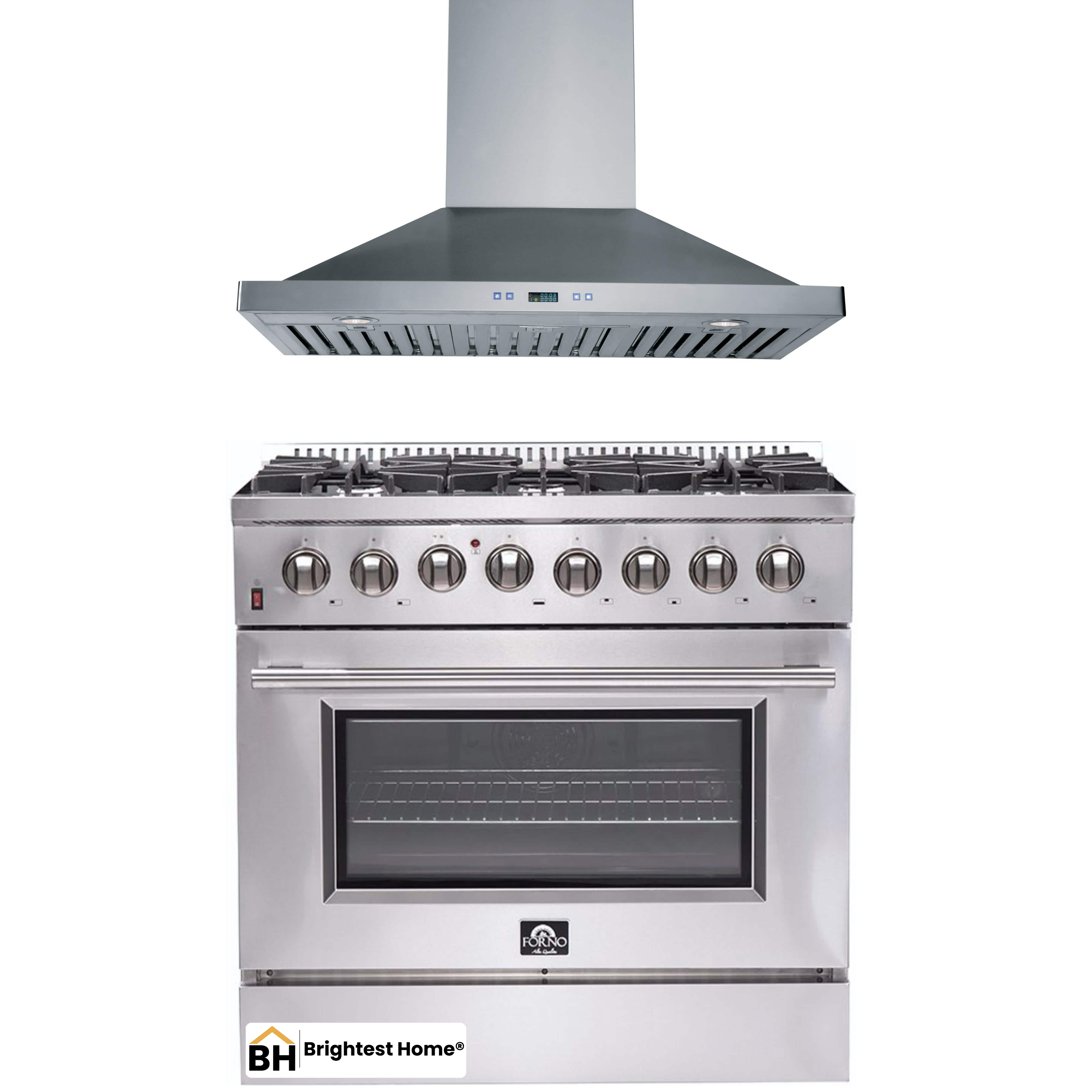 Forno 2-Piece Appliance Package - 36-Inch Dual Fuel Range & Wall Mount Hood in Stainless Steel