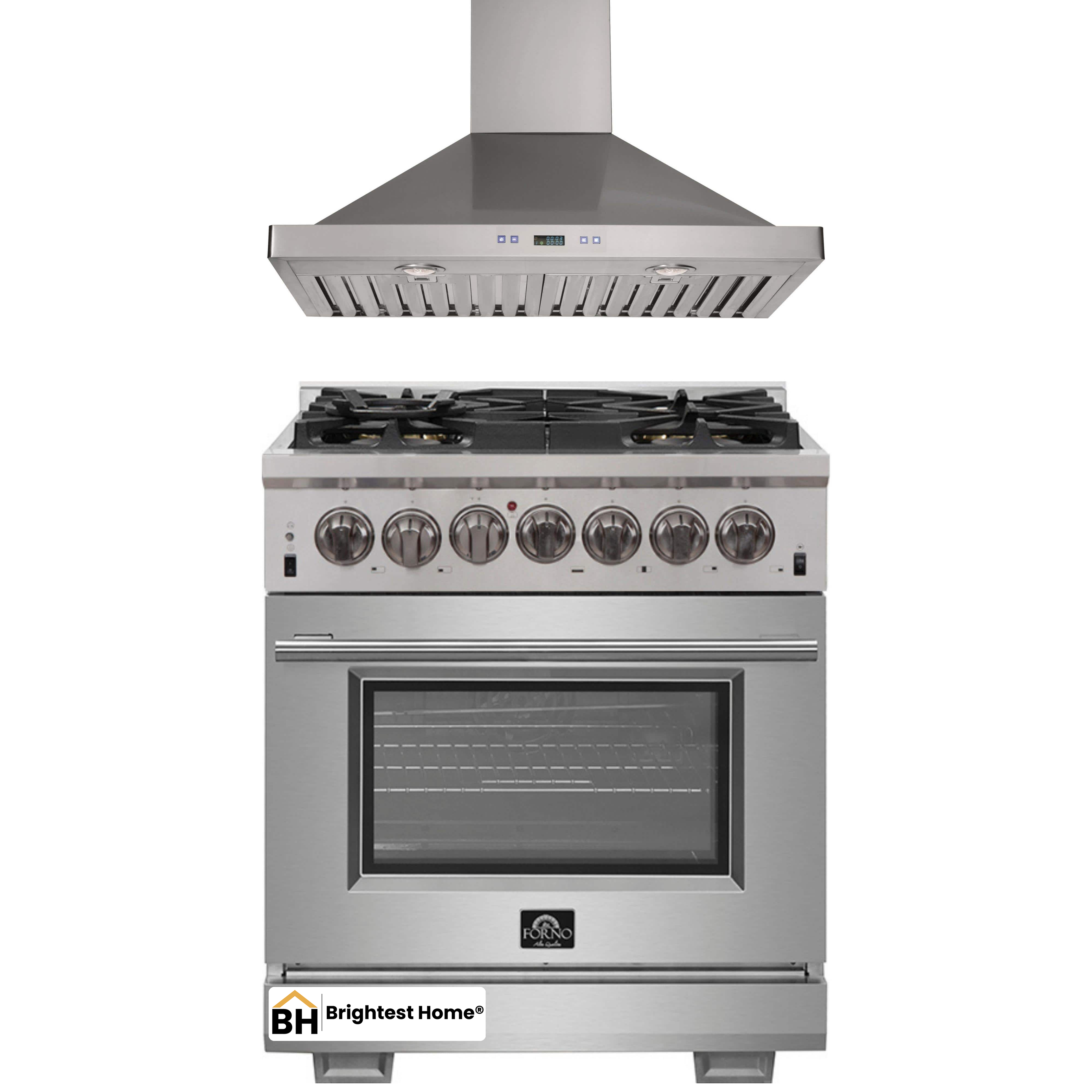 Forno 2-Piece Pro Appliance Package - 30-Inch Dual Fuel Range & Wall Mount Hood in Stainless Steel