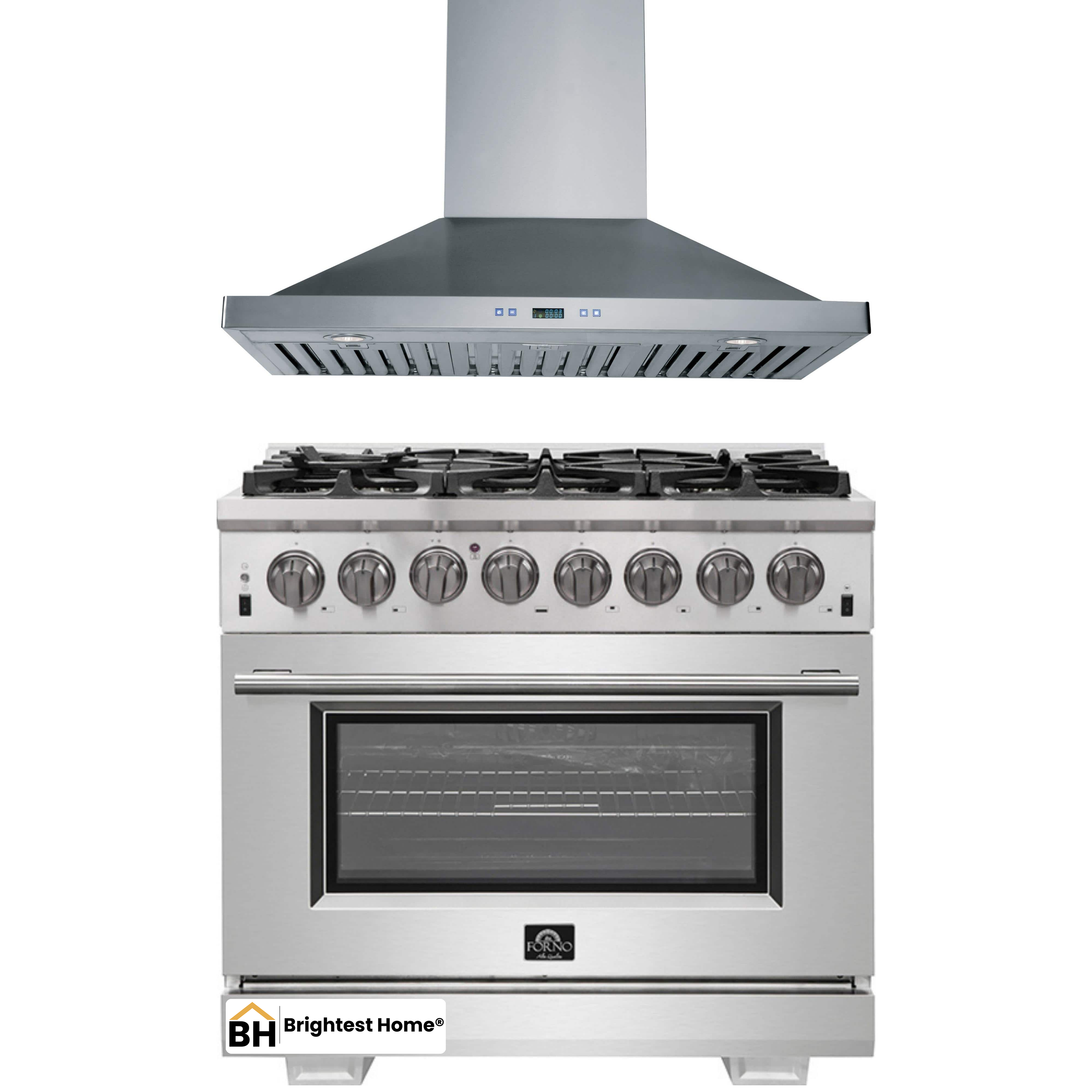 Forno 2-Piece Pro Appliance Package - 36-Inch Dual Fuel Range & Wall Mount Hood in Stainless Steel