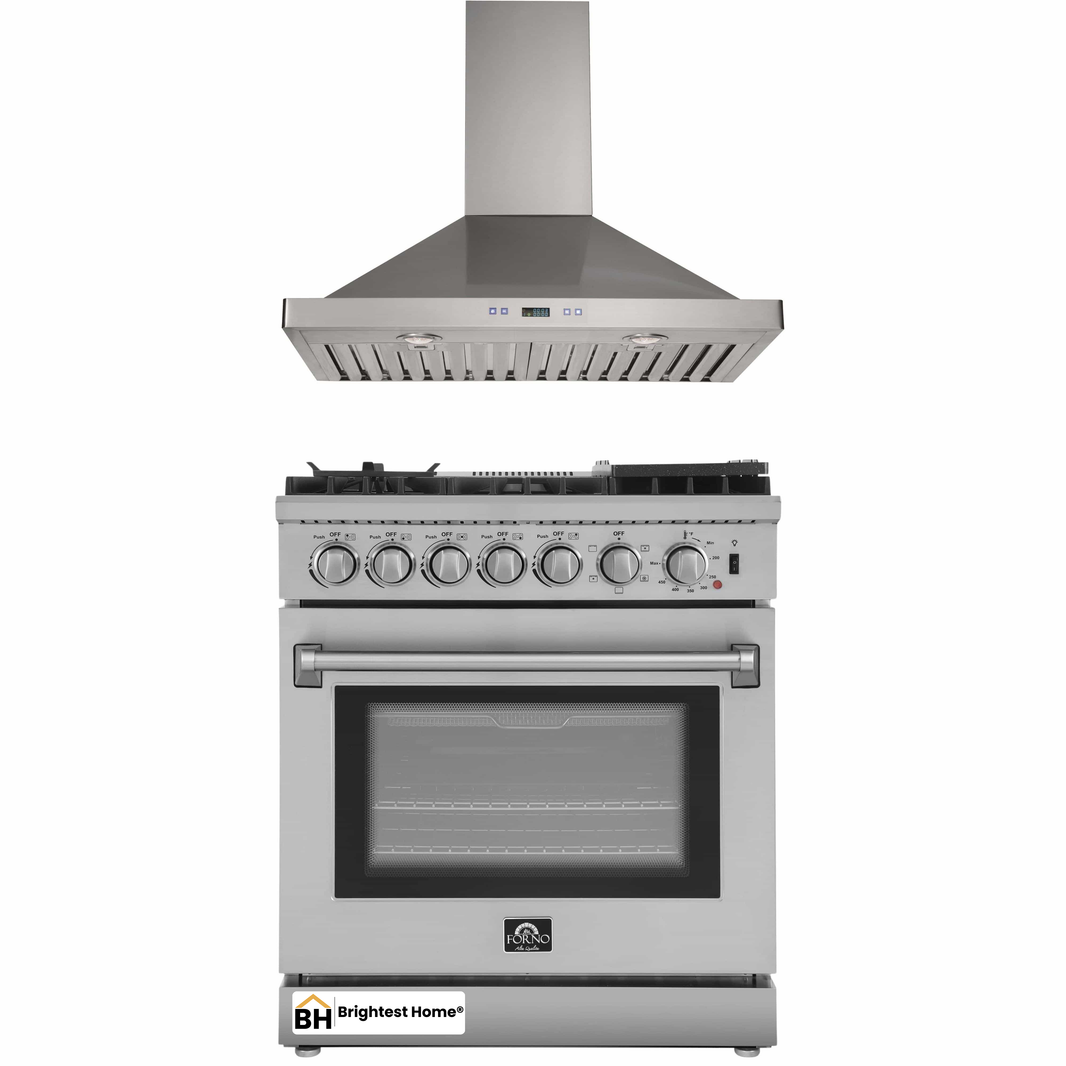 Forno 2-Piece Appliance Package - 30-Inch Dual Fuel Range with Air Fryer & Wall Mount Hood in Stainless Steel