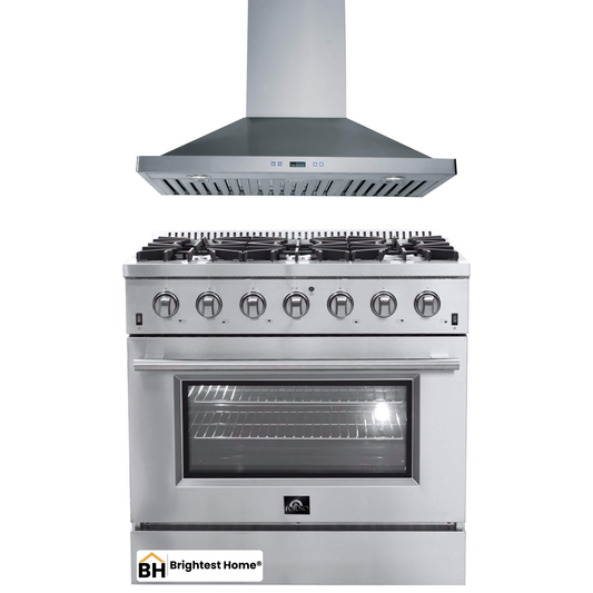 Forno 2-Piece Appliance Package - 36-Inch Gas Range & Wall Mount Hood in Stainless Steel