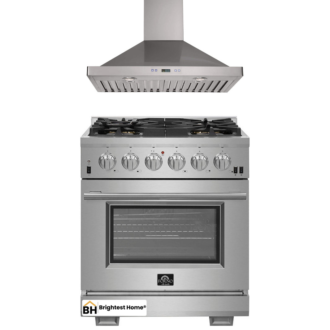 Forno 2-Piece Pro Appliance Package - 30-Inch Gas Range & Wall Mount Hood in Stainless Steel