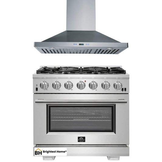 Forno 2-Piece Pro Appliance Package - 36-Inch Gas Range & Wall Mount Hood in Stainless Steel