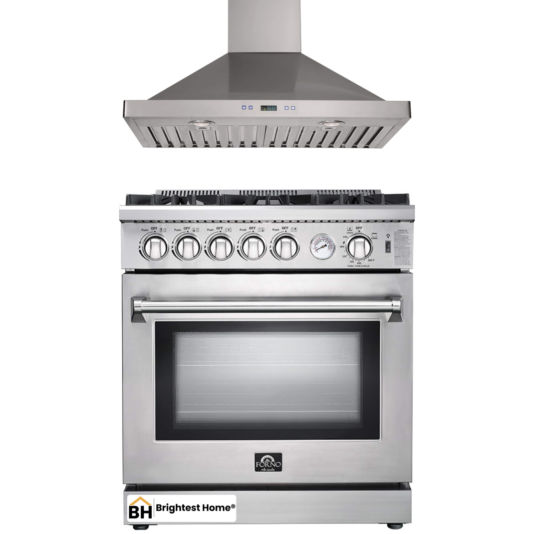 Forno 2-Piece Appliance Package - 30-Inch Gas Range & Wall Mount Hood in Stainless Steel