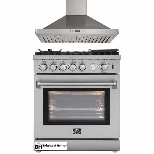 Forno 2-Piece Appliance Package - 30-Inch Gas Range with Air Fryer & Wall Mount Hood in Stainless Steel