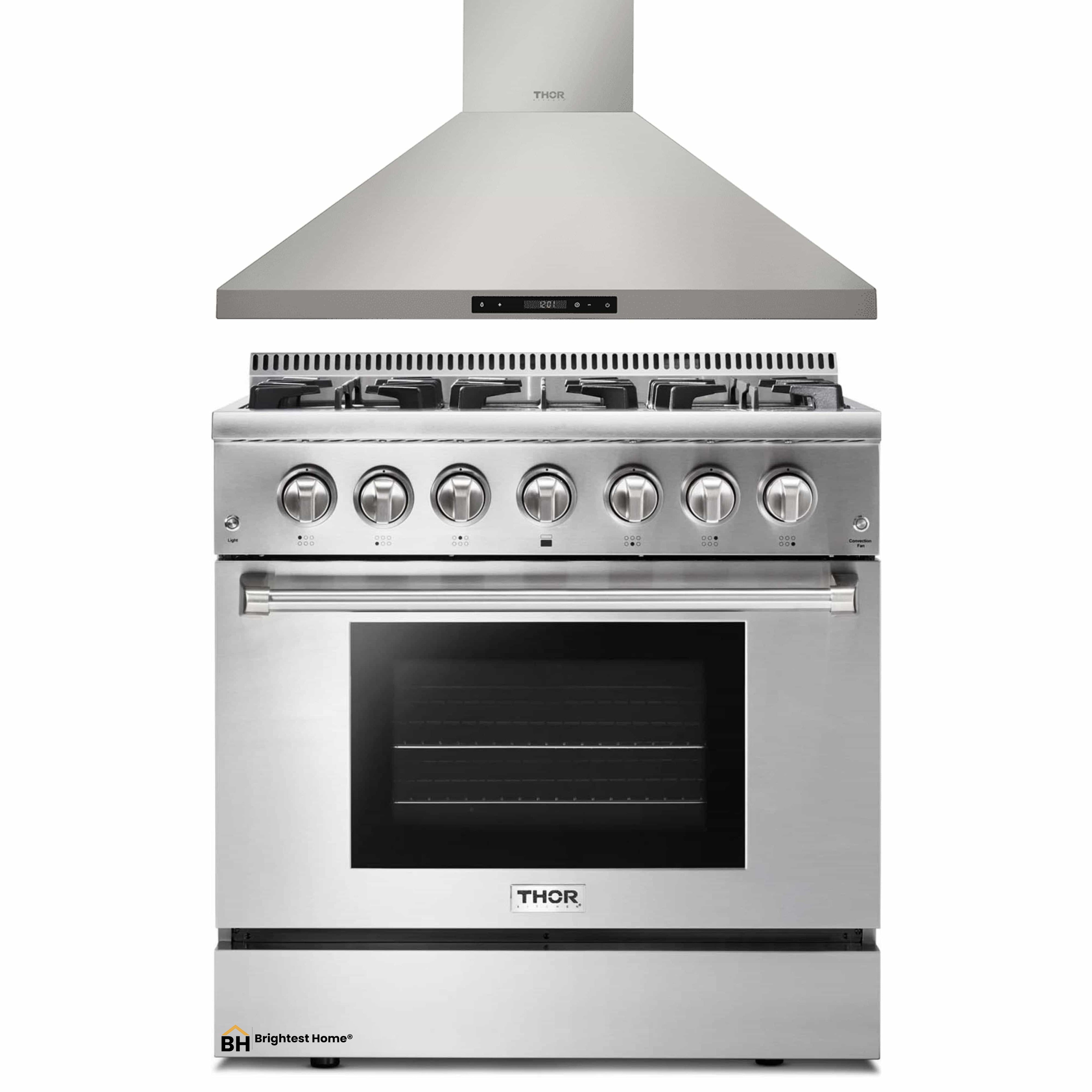 Thor Kitchen 2-Piece Pro Appliance Package - 36-Inch Dual Fuel Range & Premium Wall Mount Hood in Stainless Steel