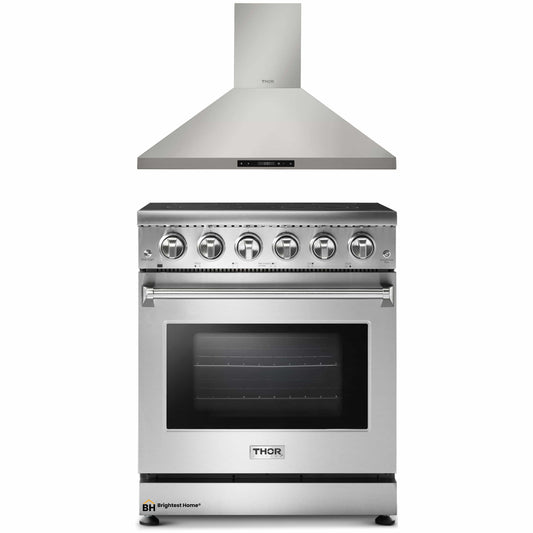 Thor Kitchen 2-Piece Appliance Package - 30-Inch Electric Range and Wall Mounted Range Hood in Stainless Steel