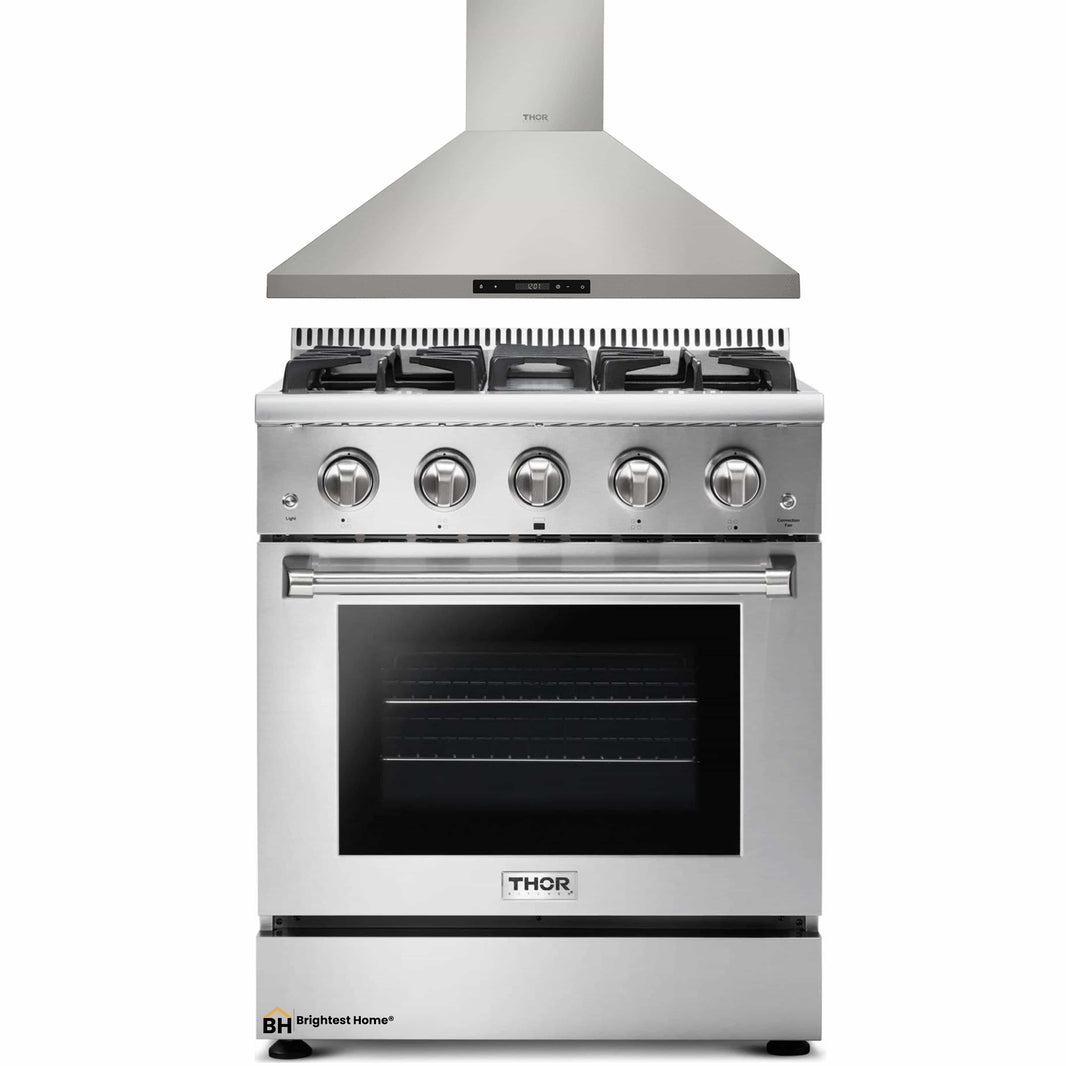 Thor Kitchen 2-Piece Pro Appliance Package - 30-Inch Gas Range & Premium Wall Mount Hood in Stainless Steel