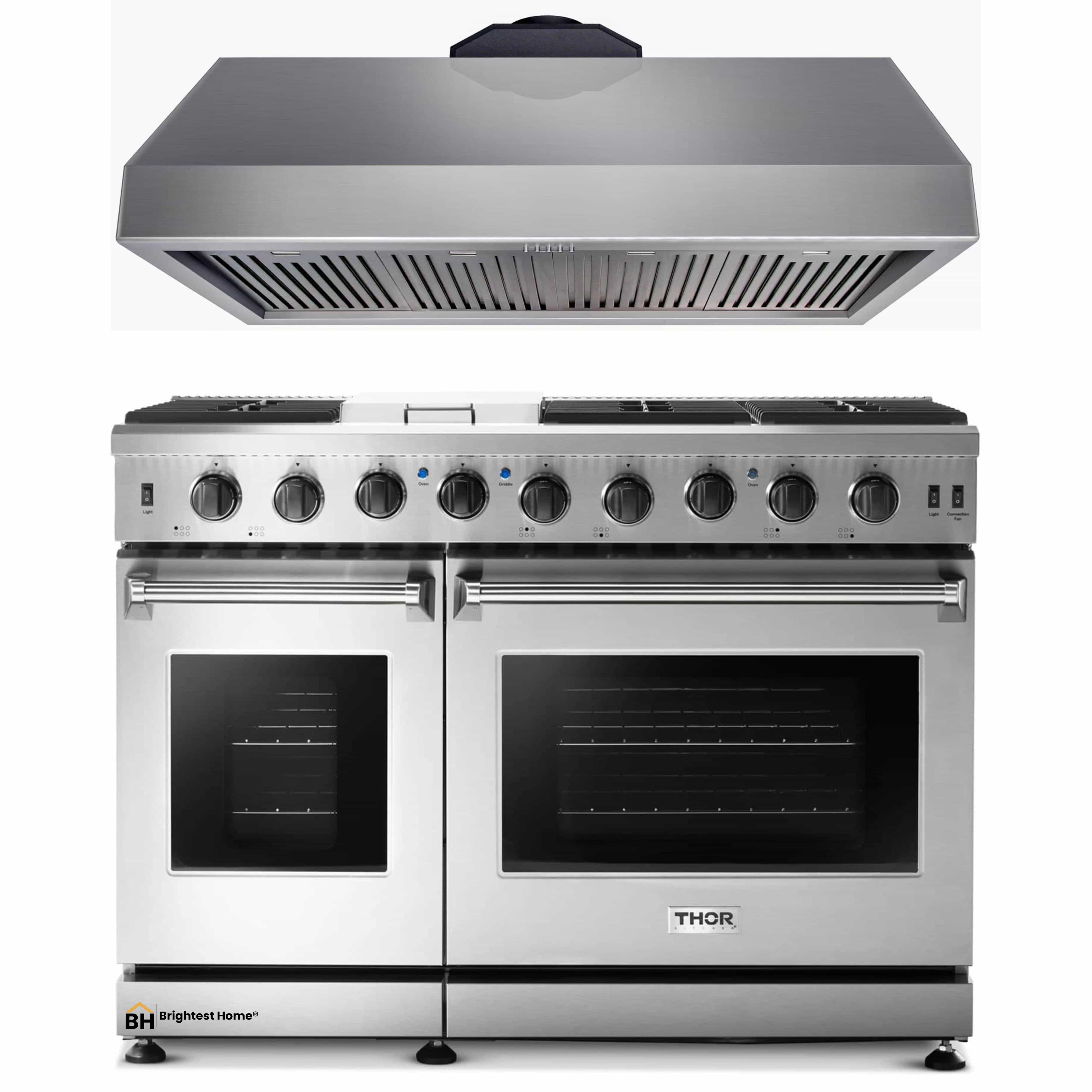 Thor Kitchen 2-Piece Appliance Package - 48-Inch Gas Range & Under Cabinet 16.5-Inch Tall Hood in Stainless Steel