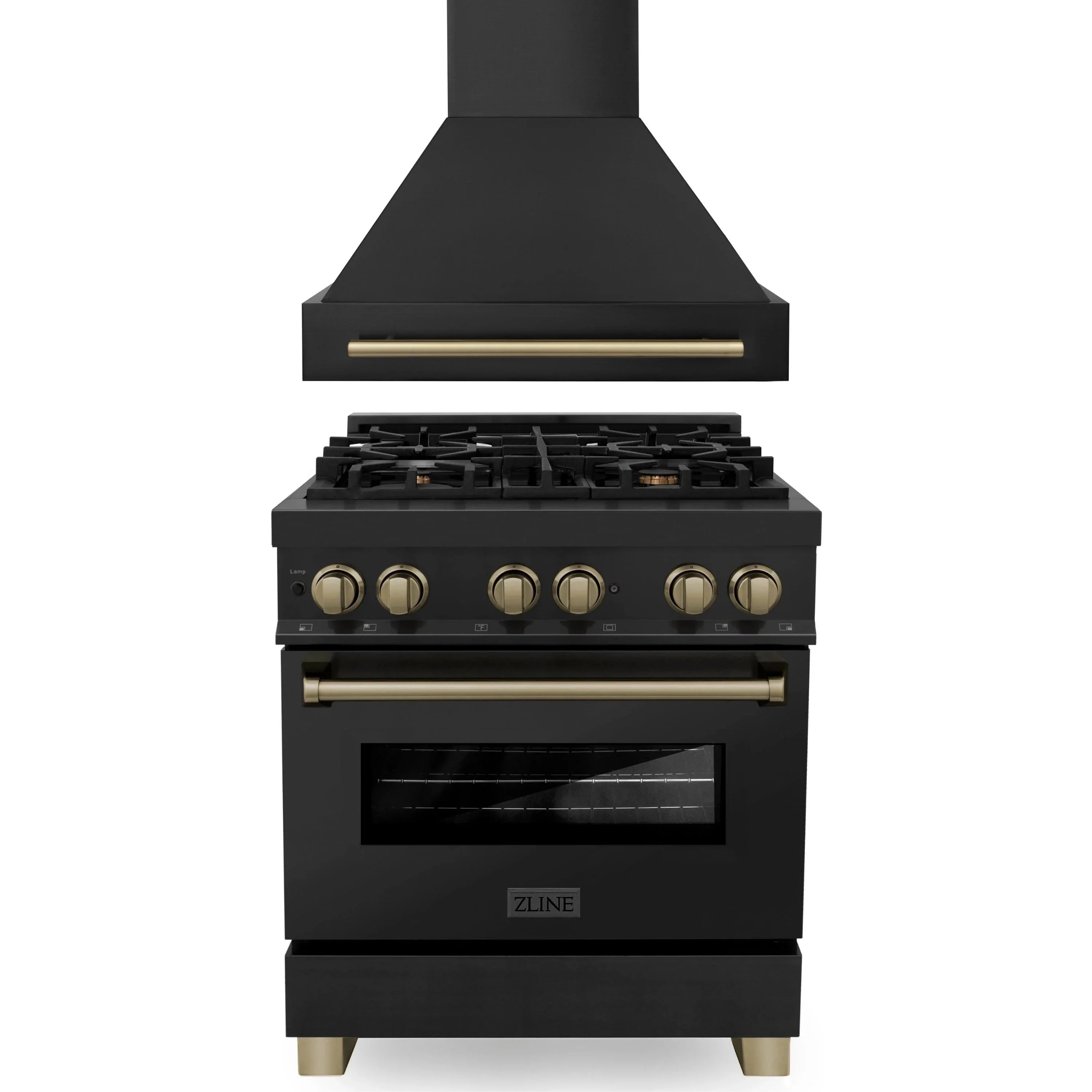 ZLINE Autograph Edition 2-Piece Appliance Package - 30" Dual Fuel Range & Wall Mounted Range Hood in Black Stainless Steel with Champagne Bronze Trim (2AKP-RABRH30-CB)