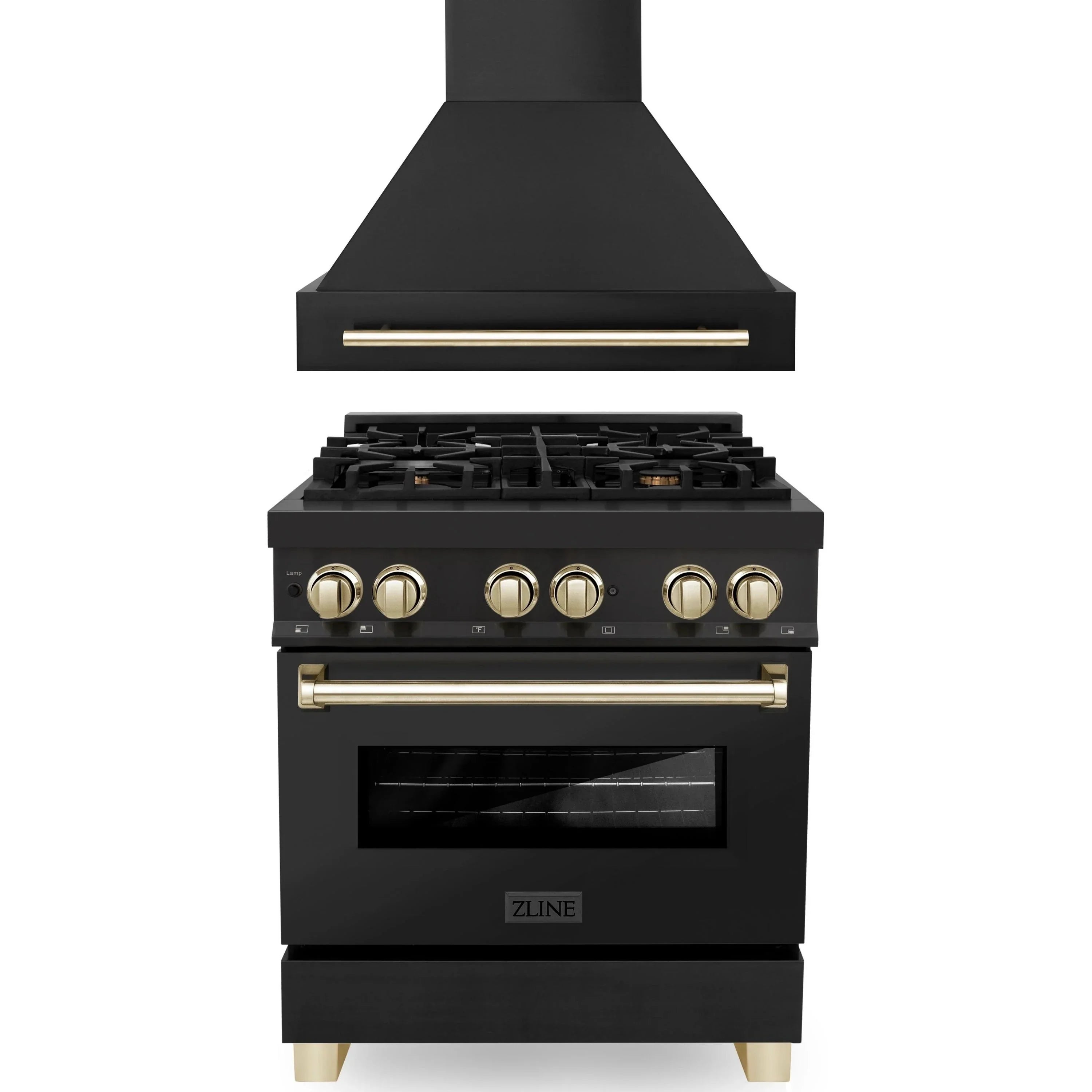 ZLINE Autograph Edition 2-Piece Appliance Package - 30" Dual Fuel Range & Wall Mounted Range Hood in Black Stainless Steel with Gold Trim (2AKP-RABRH30-G)