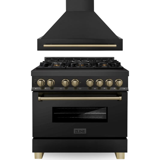 ZLINE Autograph Edition 2-Piece Appliance Package - 36" Dual Fuel Range & Wall Mounted Range Hood in Black Stainless Steel with Champagne Bronze Trim (2AKP-RABRH36-CB)