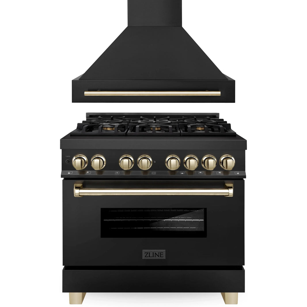 ZLINE Autograph Edition 2-Piece Appliance Package - 36" Dual Fuel Range & Wall Mounted Range Hood in Black Stainless Steel with Gold Trim (2AKP-RABRH36-G)