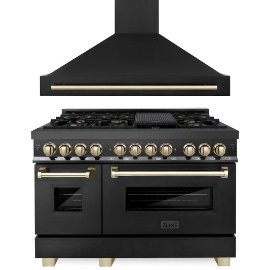 ZLINE Autograph Edition 2-Piece Appliance Package - 48" Dual Fuel Range & Wall Mounted Range Hood in Black Stainless Steel with Gold Trim (2AKP-RABRH48-G)