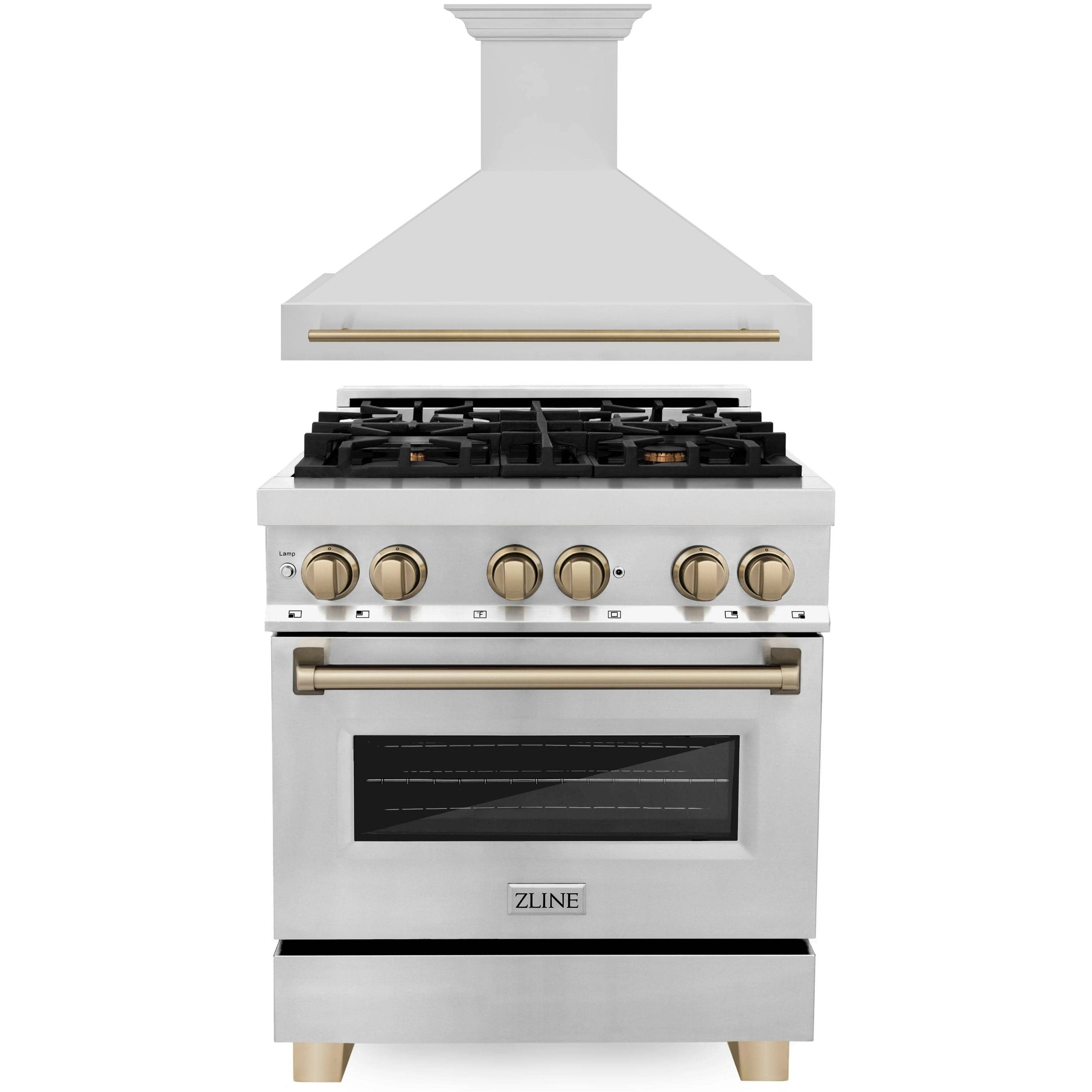 ZLINE Autograph Edition 2-Piece Appliance Package - 30" Dual Fuel Range & Wall Mounted Range Hood in Stainless Steel with Champagne Bronze Trim (2AKP-RARH30-CB)