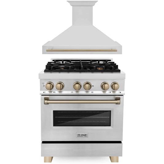 ZLINE Autograph Edition 2-Piece Appliance Package - 30" Dual Fuel Range & Wall Mounted Range Hood in Stainless Steel with Champagne Bronze Trim (2AKP-RARH30-CB)