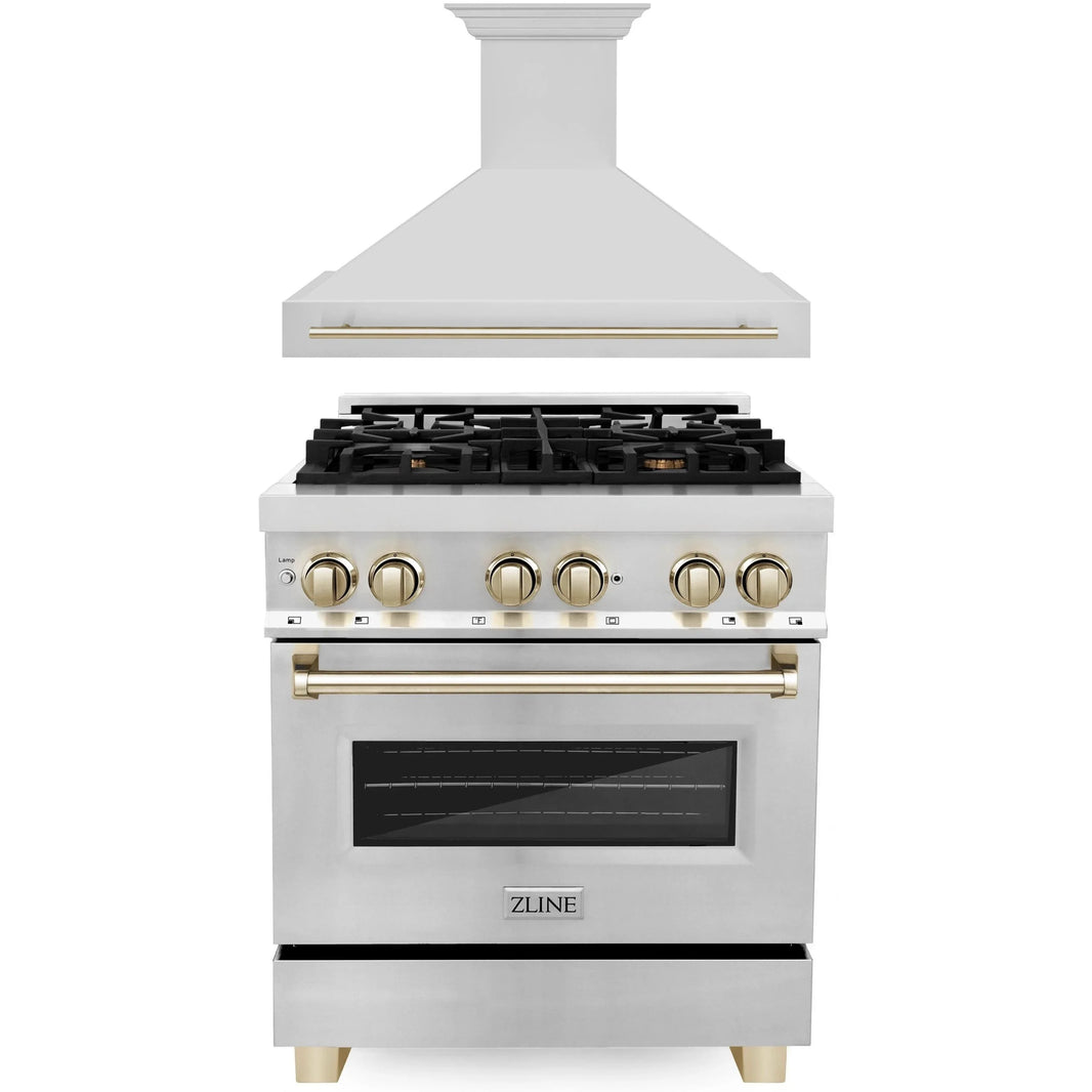 ZLINE Autograph Edition 2-Piece Appliance Package - 30" Dual Fuel Range & Wall Mounted Range Hood in Stainless Steel with Gold Trim (2AKP-RARH30-G)