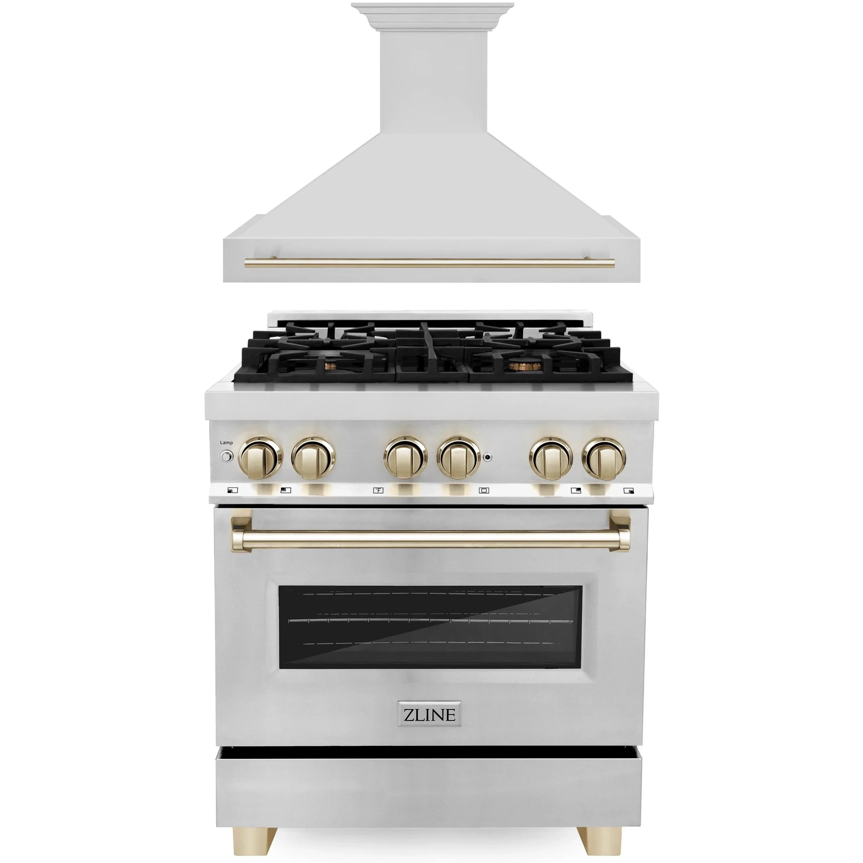 ZLINE Autograph Edition 2-Piece Appliance Package - 30" Dual Fuel Range & Wall Mounted Range Hood in Stainless Steel with Gold Trim (2AKP-RARH30-G)