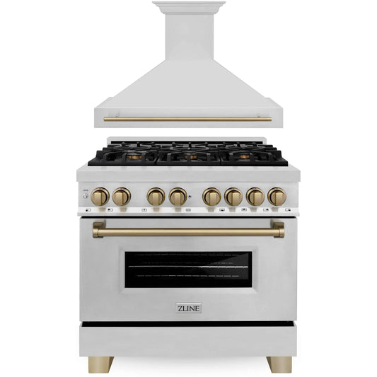 ZLINE Autograph Edition 2-Piece Appliance Package - 36" Dual Fuel Range & Wall Mounted Range Hood in Stainless Steel with Champagne Bronze Trim (2AKP-RARH36-CB)