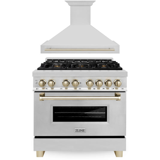 ZLINE Autograph Edition 2-Piece Appliance Package - 36" Dual Fuel Range & Wall Mounted Range Hood in Stainless Steel with Gold Trim (2AKP-RARH36-G)