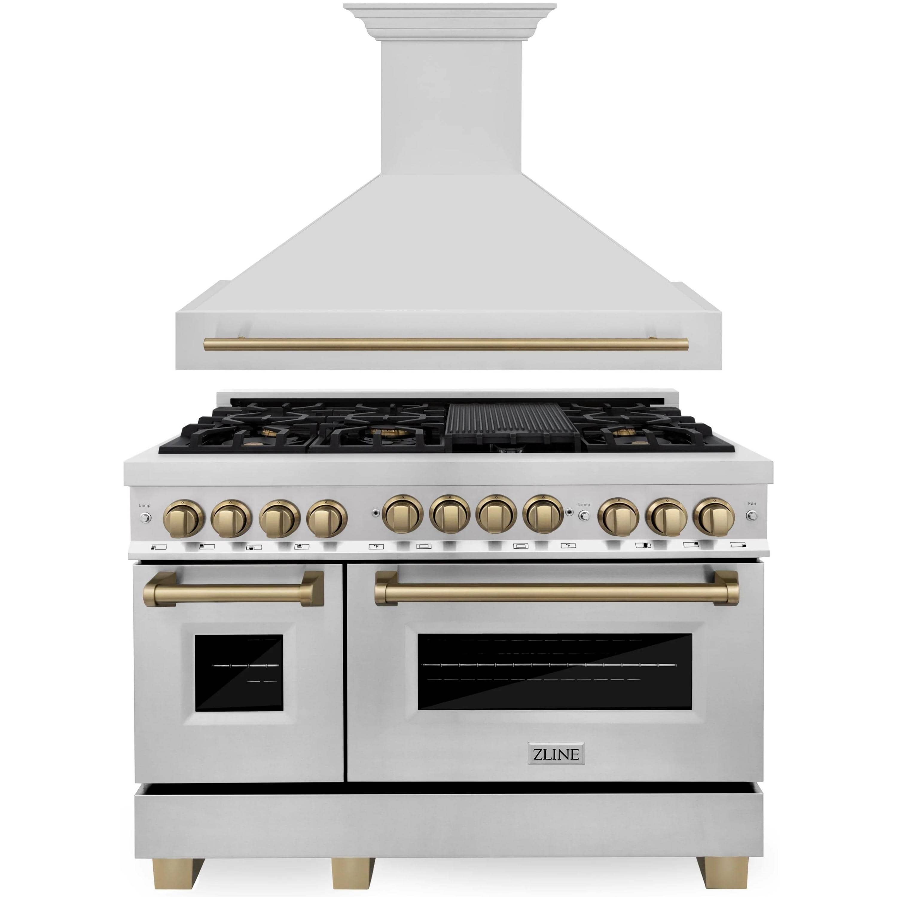 ZLINE Autograph Edition 2-Piece Appliance Package - 48" Dual Fuel Range & Wall Mounted Range Hood in Stainless Steel with Champagne Bronze Trim (2AKP-RARH48-CB)