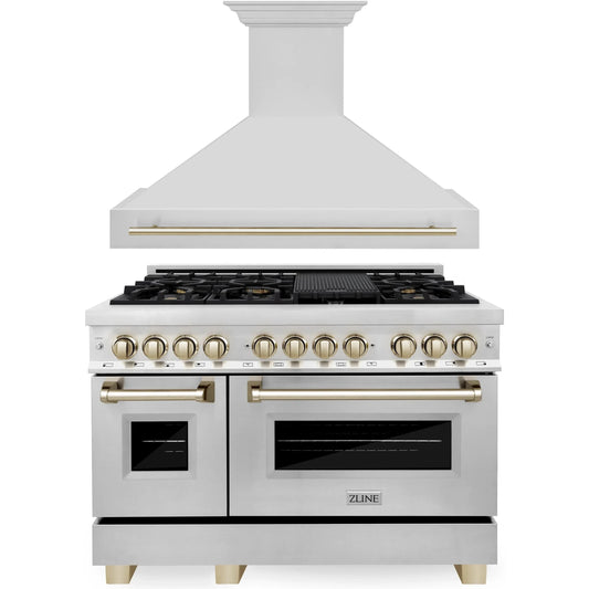 ZLINE Autograph Edition 2-Piece Appliance Package - 48" Dual Fuel Range & Wall Mounted Range Hood in Stainless Steel with Gold Trim (2AKP-RARH48-G)