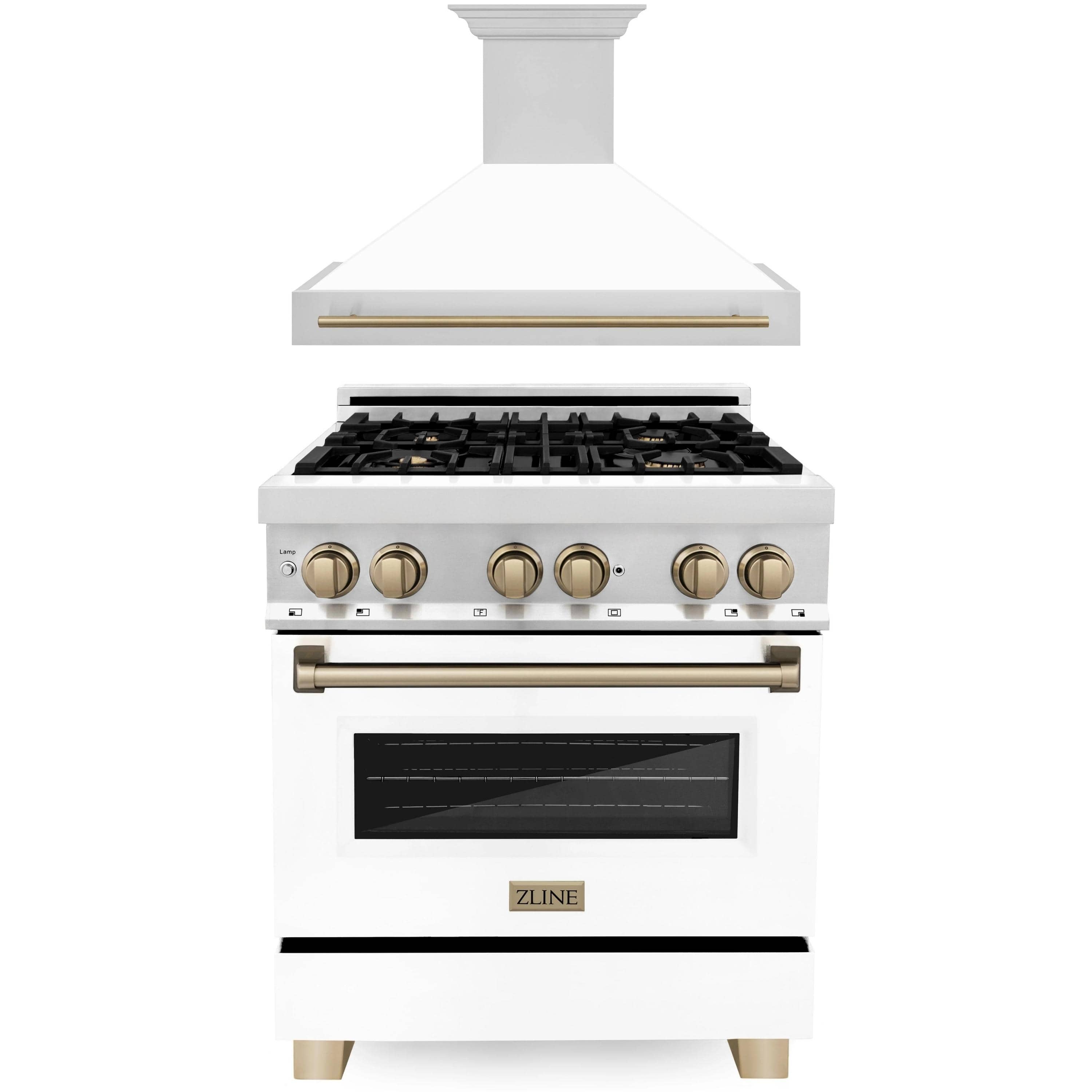 ZLINE Autograph Edition 2-Piece Appliance Package - 30" Dual Fuel Range & Wall Mounted Range Hood in Stainless Steel with White Door with Champagne Bronze Trim (2AKP-RAWMRH30-CB)