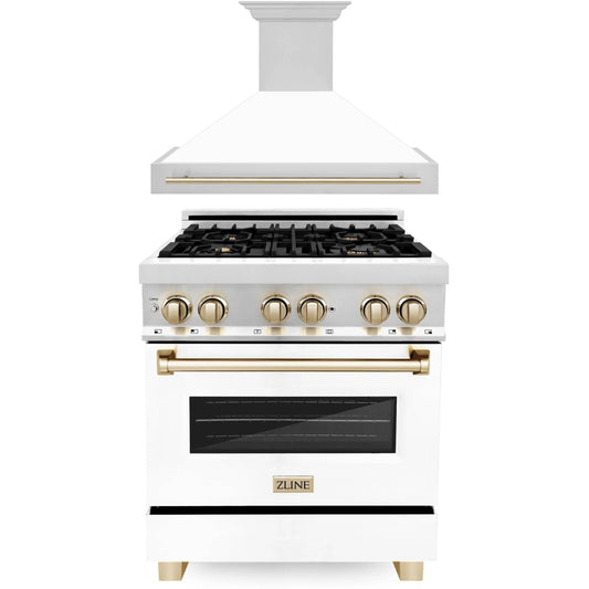 ZLINE Autograph Edition 2-Piece Appliance Package - 30" Dual Fuel Range & Wall Mounted Range Hood in Stainless Steel and White Door with Gold Trim (2AKP-RAWMRH30-G)