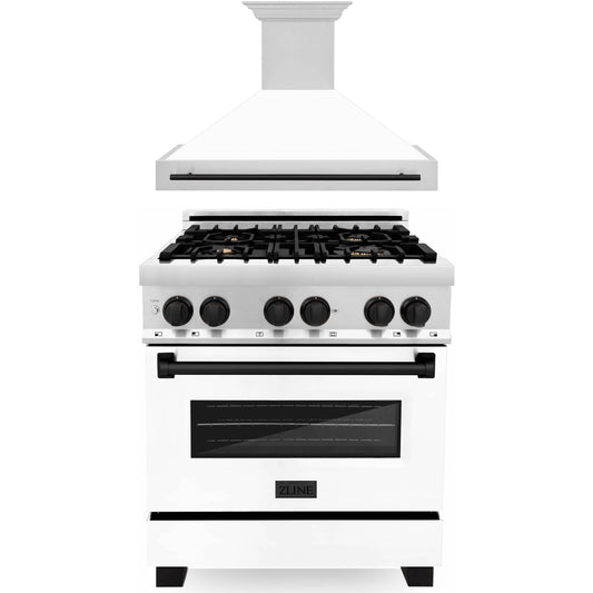 ZLINE Autograph Edition 2-Piece Appliance Package - 30" Dual Fuel Range & Wall Mounted Range Hood in Stainless Steel and White Door with Matte Black Trim (2AKP-RAWMRH30-MB)