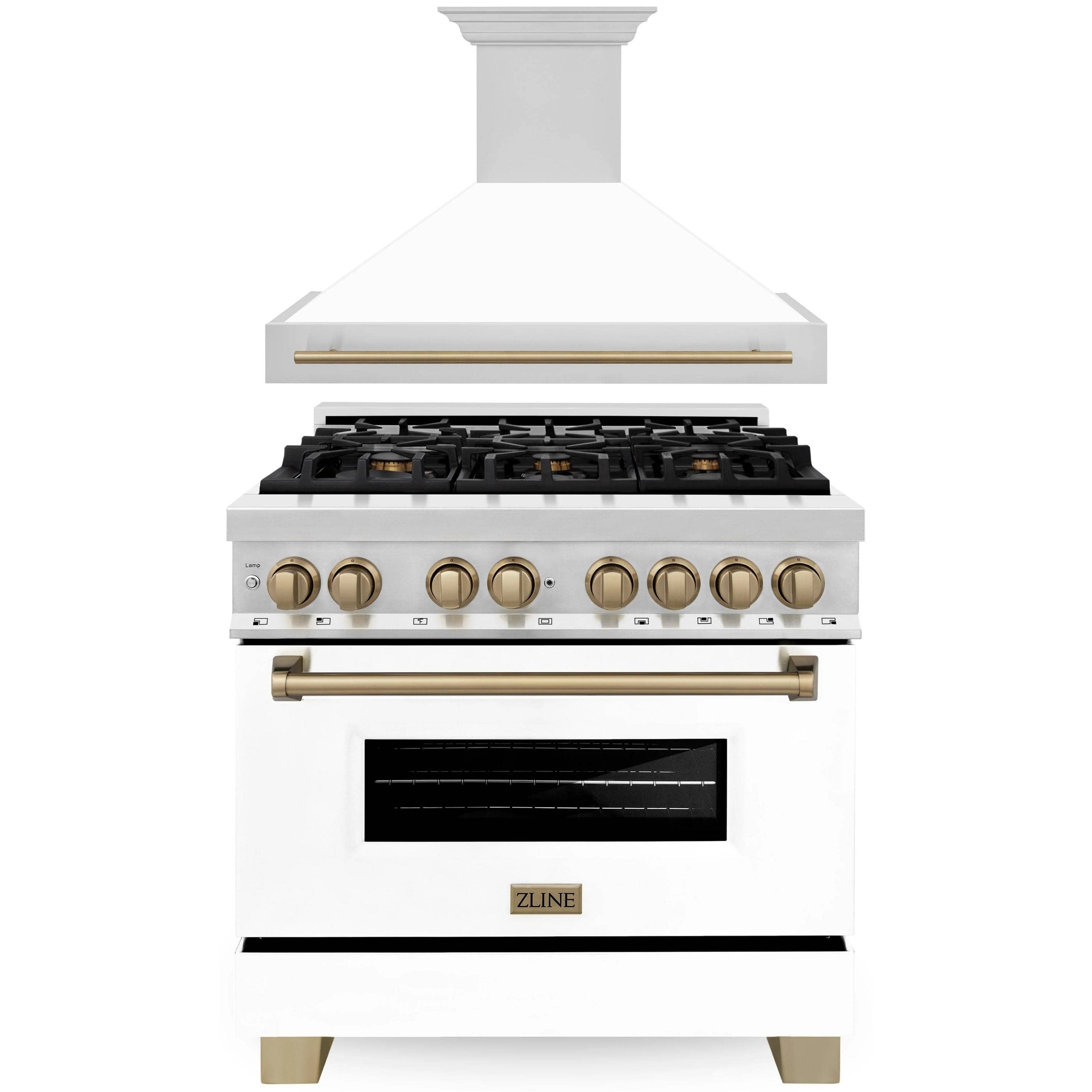 ZLINE Autograph Edition 2-Piece Appliance Package - 36" Dual Fuel Range & Wall Mounted Range Hood in Stainless Steel and White Door with Champagne Bronze Trim (2AKP-RAWMRH36-CB)