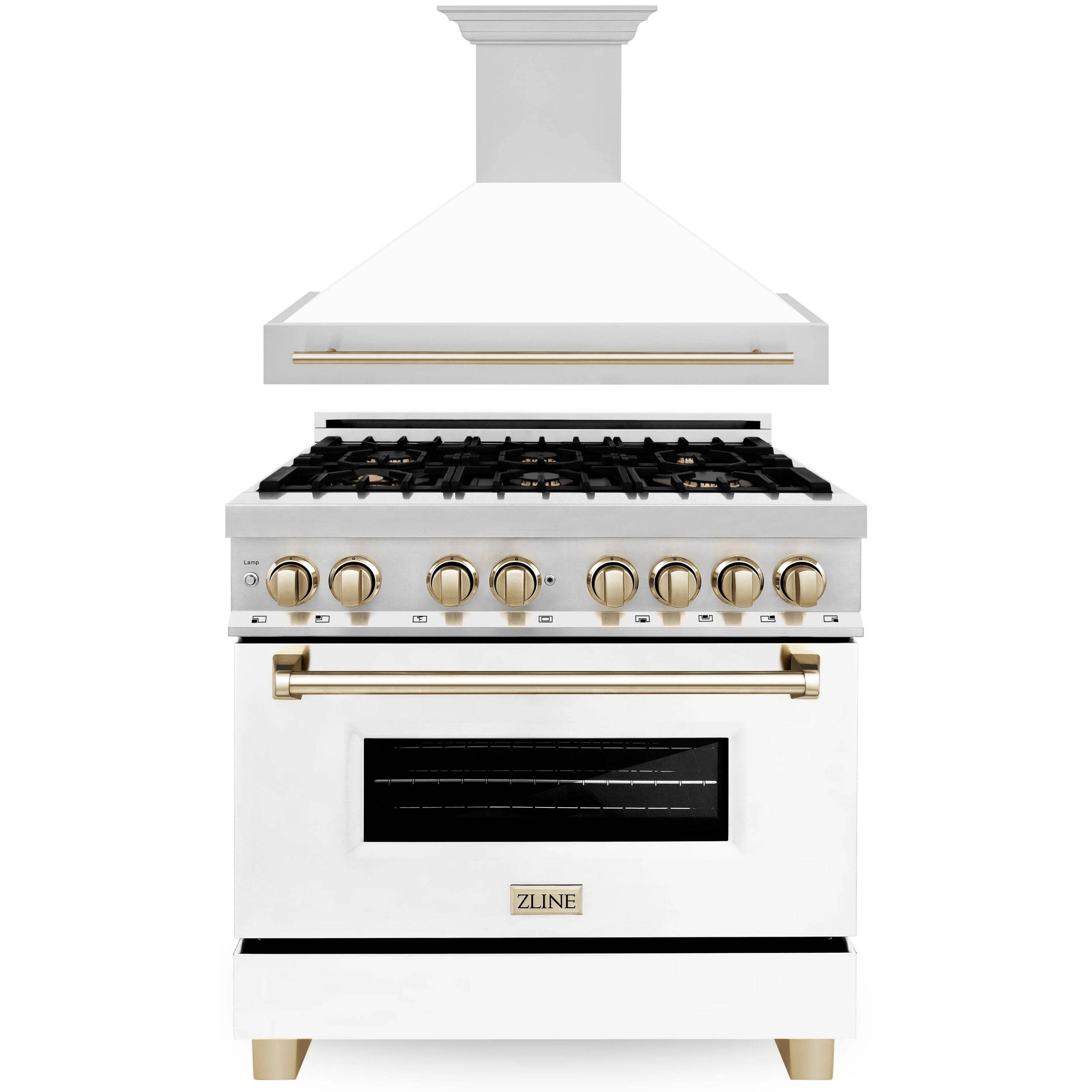 ZLINE Autograph Edition 2-Piece Appliance Package - 36" Dual Fuel Range & Wall Mounted Range Hood in Stainless Steel and White Door with Gold Trim (2AKP-RAWMRH36-G)