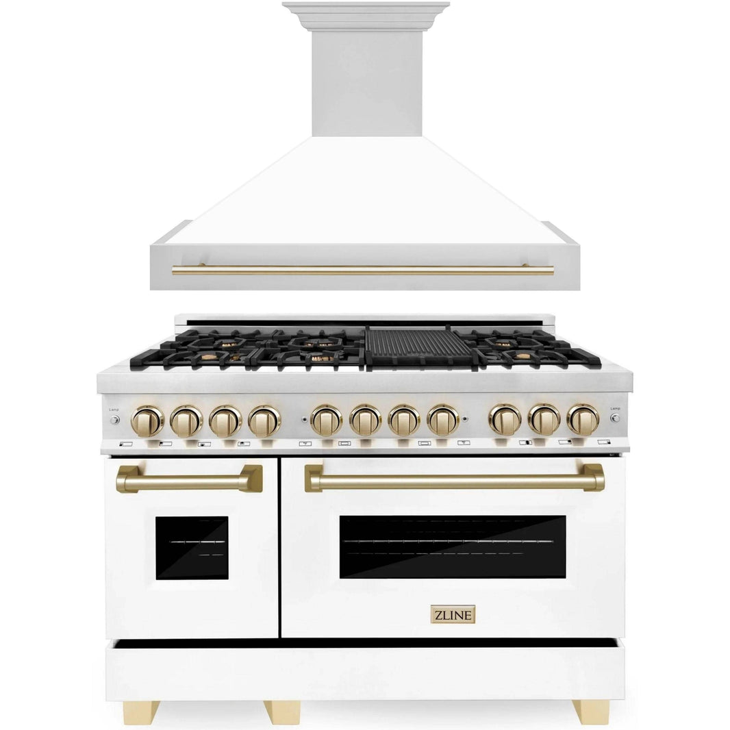 ZLINE Autograph Edition 2-Piece Appliance Package - 48" Dual Fuel Range & Wall Mounted Range Hood in Stainless Steel and White Door with Gold Trim (2AKP-RAWMRH48-G)