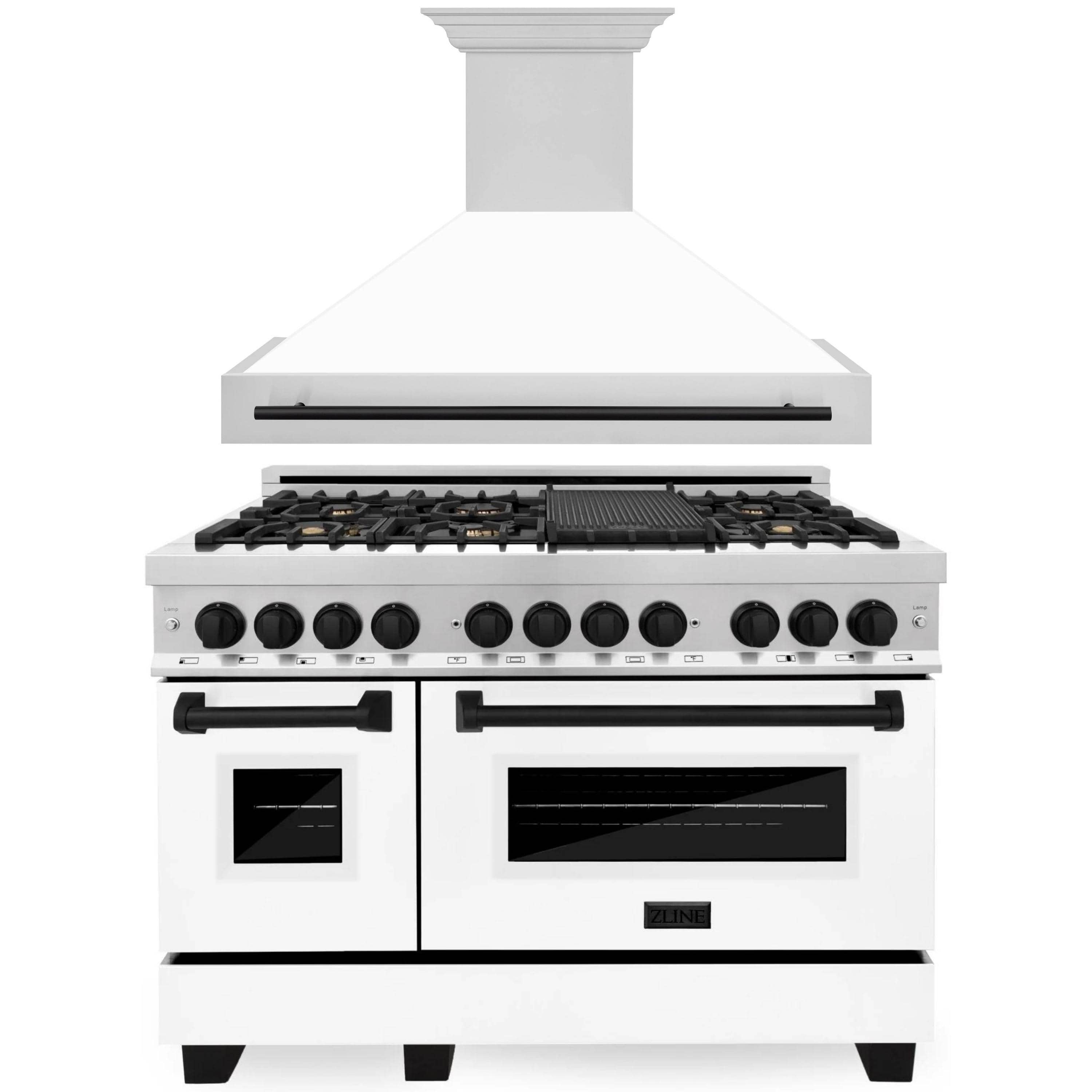 ZLINE Autograph Edition 2-Piece Appliance Package - 48" Dual Fuel Range & Wall Mounted Range Hood in Stainless Steel and White Door with Matte Black Trim (2AKP-RAWMRH48-MB)