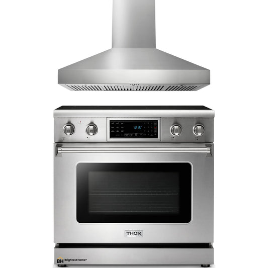 Thor Kitchen 2-Piece Appliance Package - 36-Inch Electric Range with Tilt Panel and Pro-Style Wall Mount Hood in Stainless Steel